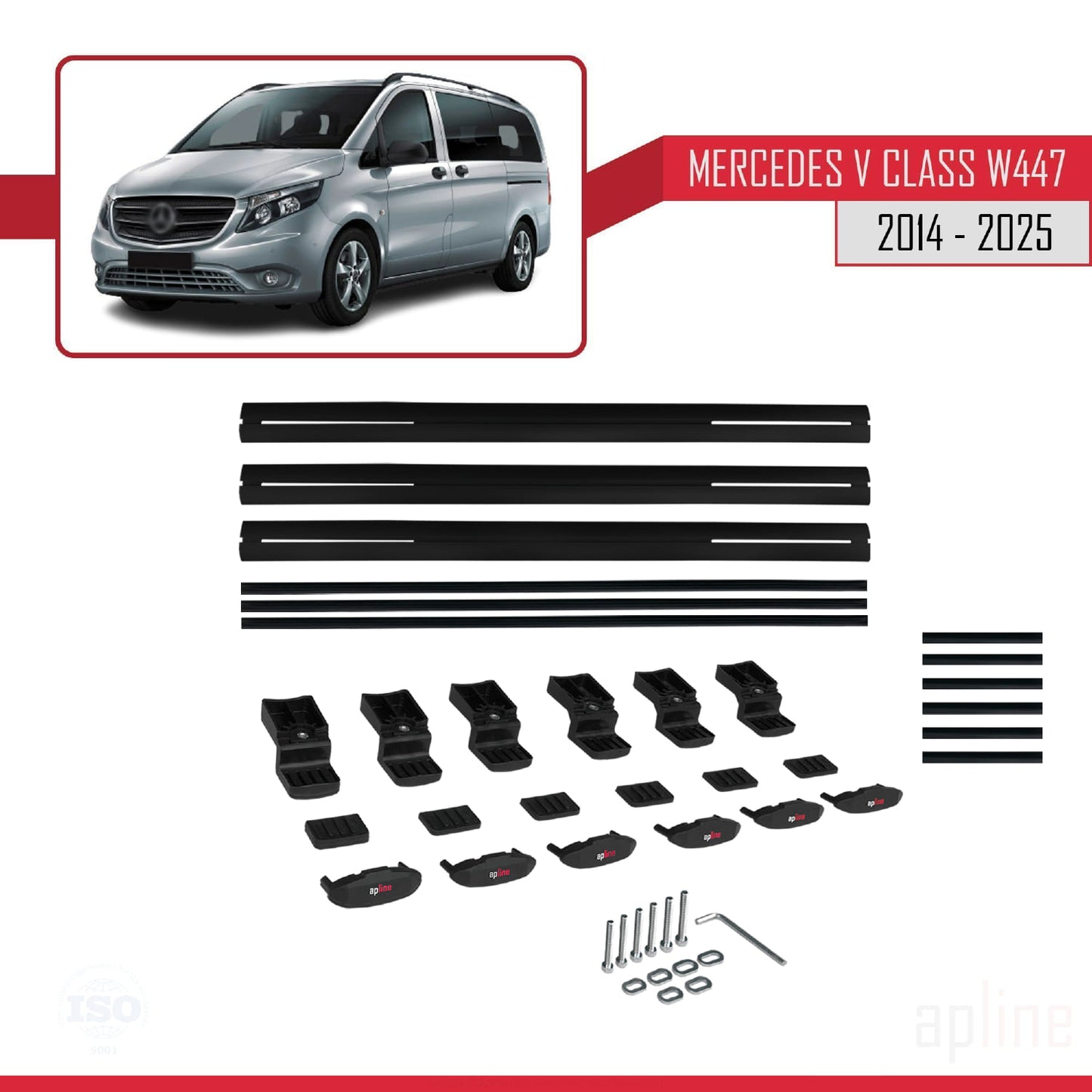 Compatible avec Mercedes Classe V 3 (W447) 2014-2025 BASIC Model Barres de Toit Railing Porte-Bagages de Voiture Noir Aluminium 3 Barres