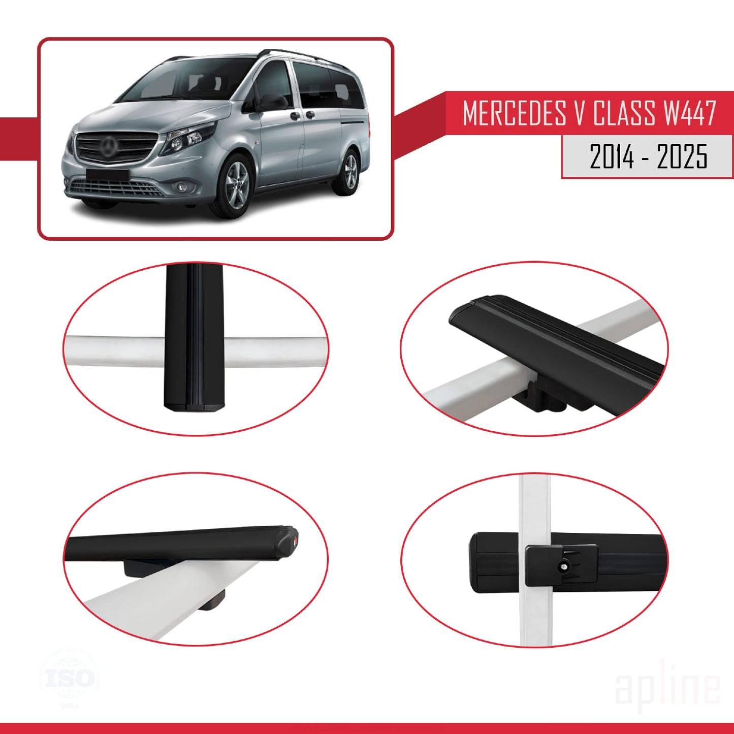 Compatible avec Mercedes Classe V 3 (W447) 2014-2025 BASIC Model Barres de Toit Railing Porte-Bagages de Voiture Noir Aluminium 4 Barres