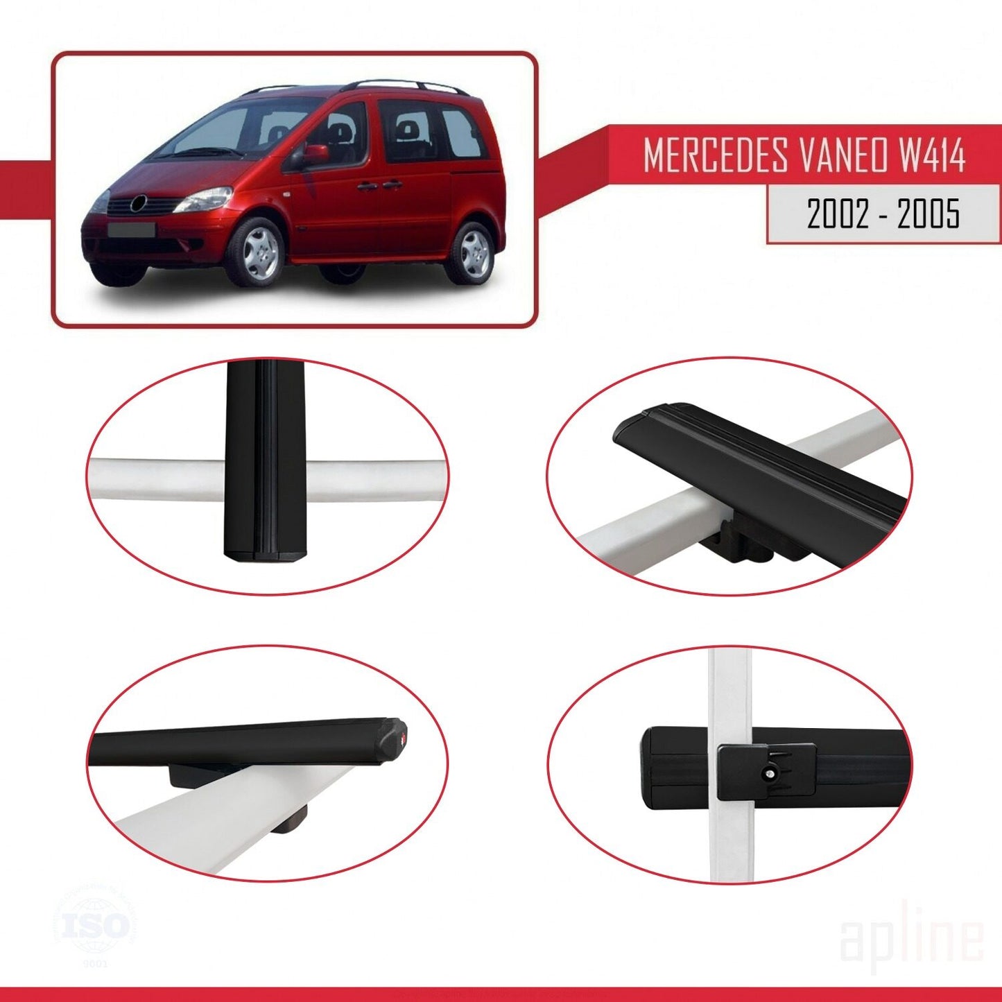 Compatible with Mercedes Vaneo (W414) 2002-2005 BASIC Model Car Roof Rack Cross Bar Black Aluminium 3 Bars