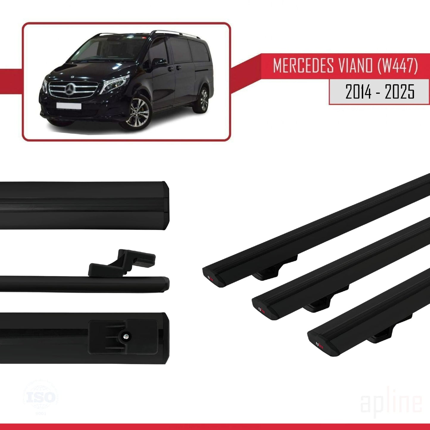 Compatible with Mercedes Viano 3 (W447) 2014-2025 BASIC Model Car Roof Rack Cross Bar Black Aluminium 3 Bars