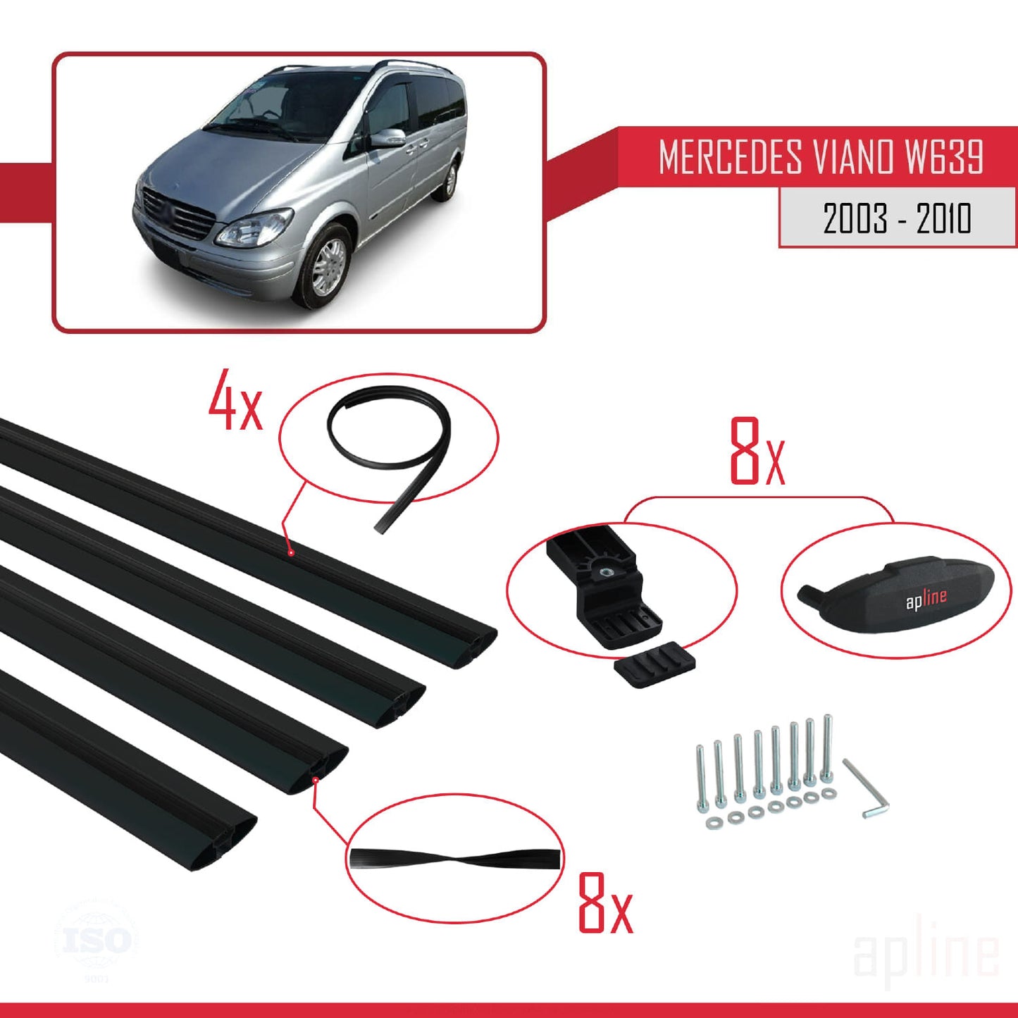 Compatible with Mercedes Viano 2 (W639) Pre-Facelift 2003-2010 BASIC Model Car Roof Rack Cross Bar Black Aluminium 4 Bars
