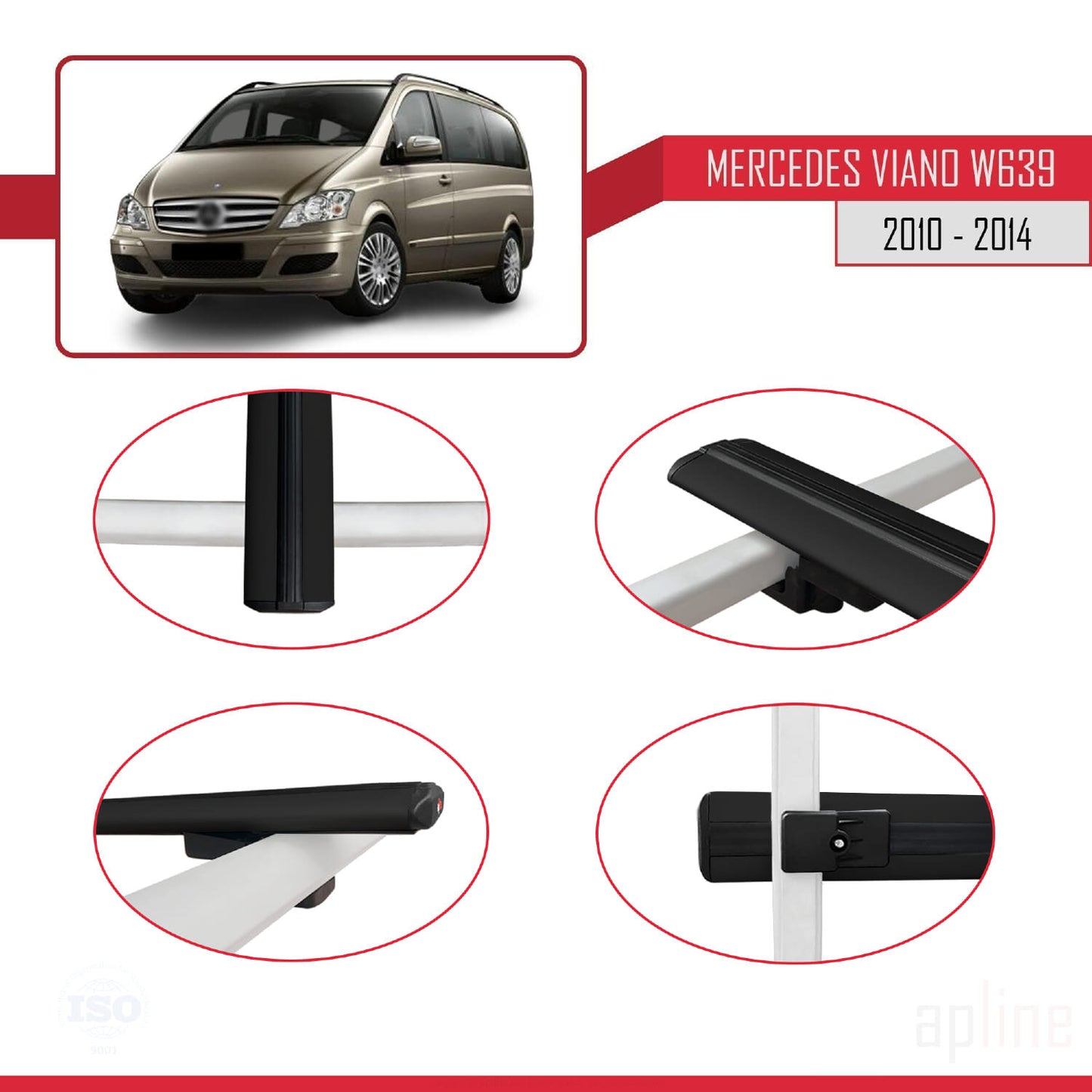 Compatible avec Mercedes Viano 2 (W639) Post-Facelift 2010-2014 BASIC Model Barres de Toit Railing Porte-Bagages de Voiture Noir Aluminium 4 Barres