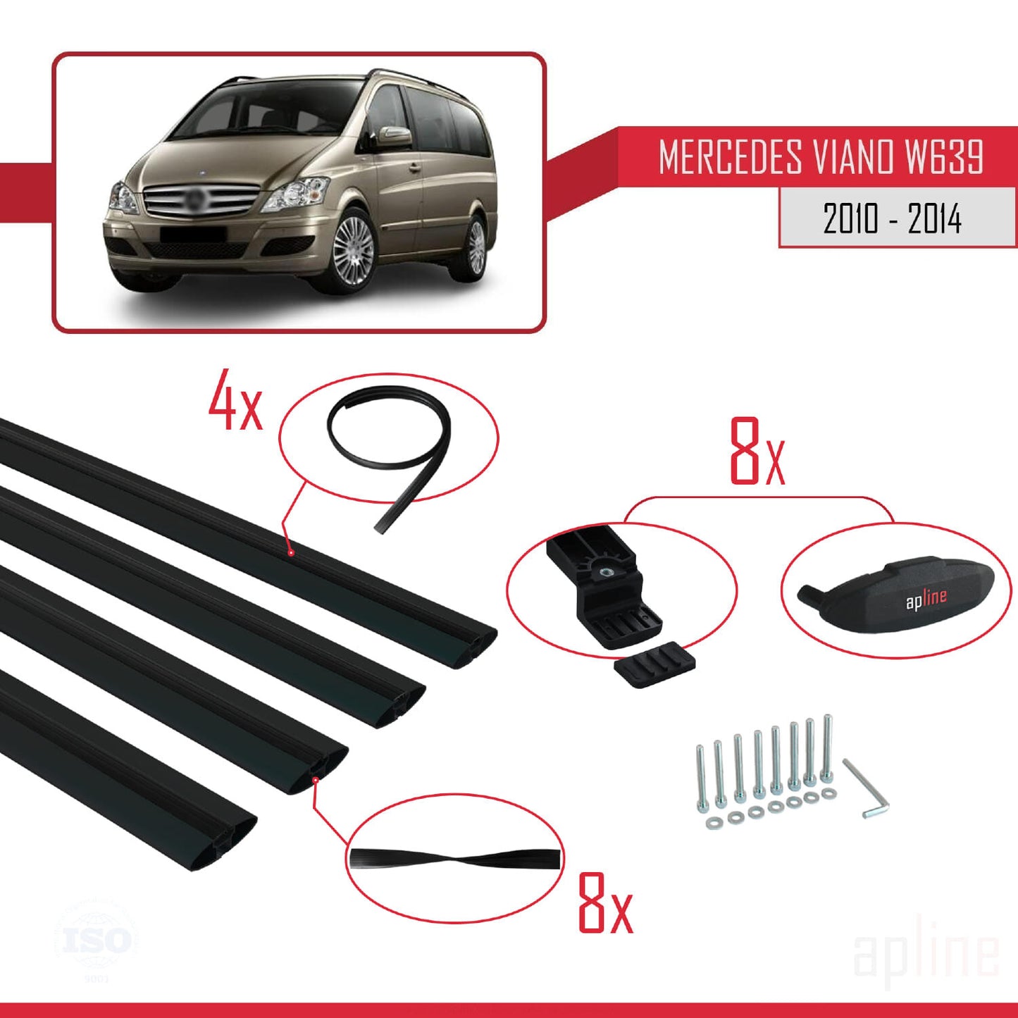 Compatible avec Mercedes Viano 2 (W639) Post-Facelift 2010-2014 BASIC Model Barres de Toit Railing Porte-Bagages de Voiture Noir Aluminium 4 Barres