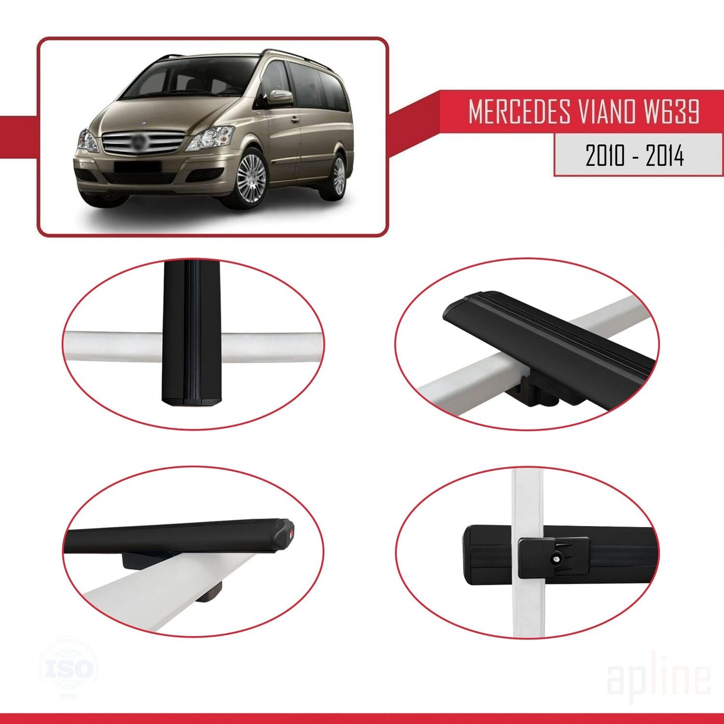 Compatible with Mercedes Viano 2 (W639) Post-Facelift 2010-2014 BASIC Model Car Roof Rack Cross Bar Black Aluminium 2 Bars