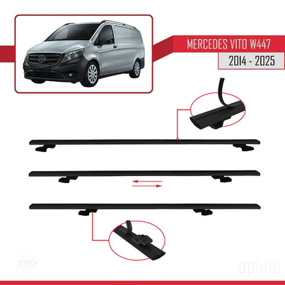 Compatible avec Mercedes Vito 3 (W447) 2014-2025 BASIC Model Barres de Toit Railing Porte-Bagages de Voiture Noir Aluminium 2 Barres