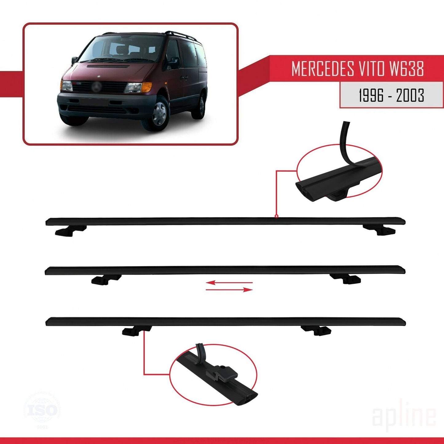 Compatible with Mercedes Vito (W638) 1996-2003 BASIC Model Car Roof Rack Cross Bar Black Aluminium 3 Bars