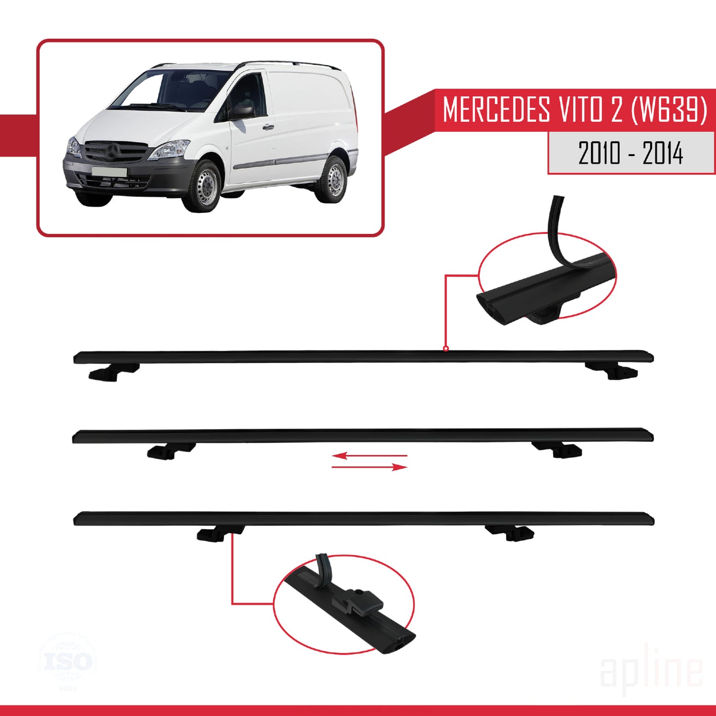 Compatible with Mercedes Vito 2 (W639) Post-Facelift 2010-2014 BASIC Model Car Roof Rack Cross Bar Black Aluminium 3 Bars
