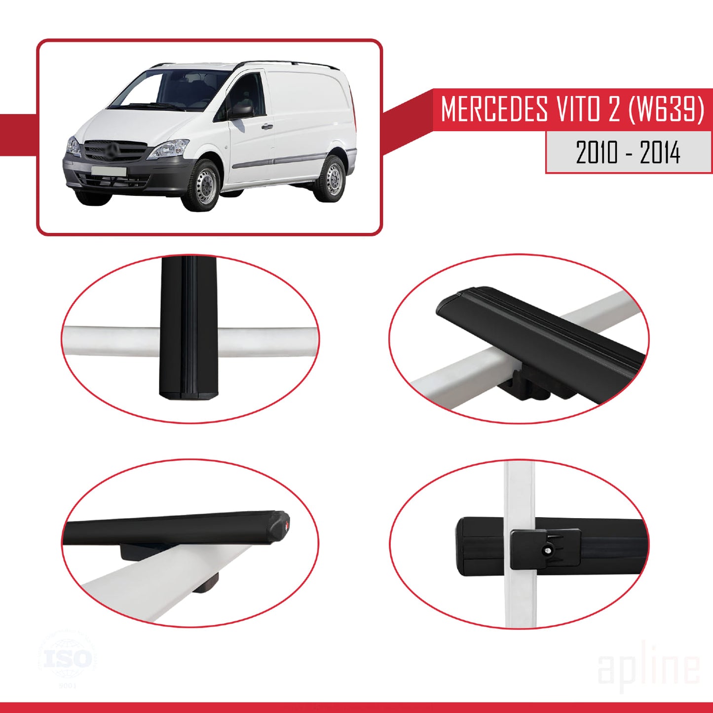 Compatible with Mercedes Vito 2 (W639) Post-Facelift 2010-2014 BASIC Model Car Roof Rack Cross Bar Black Aluminium 2 Bars