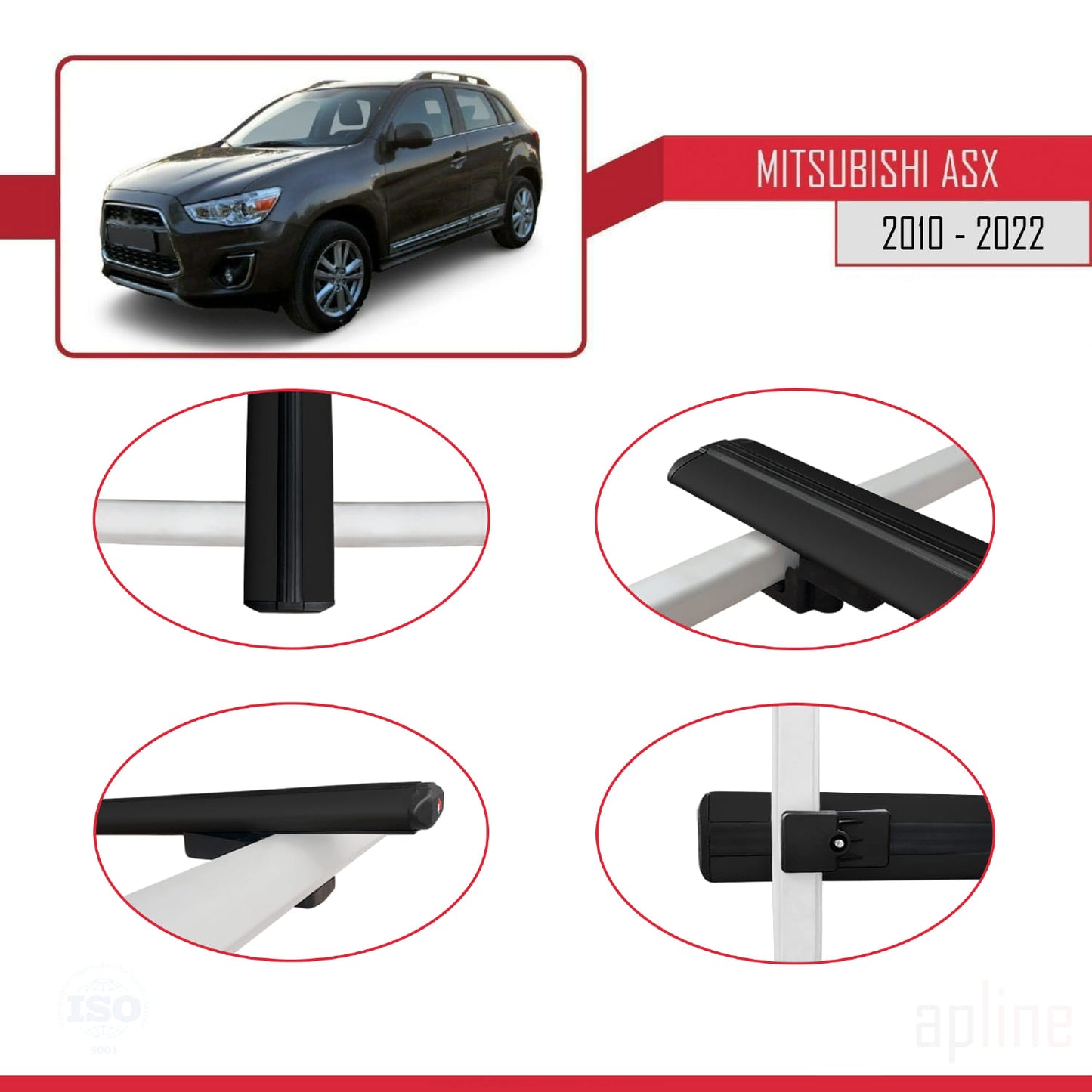 Compatible avec Mitsubishi ASX (GA) 2010-2022 BASIC Model Barres de Toit Railing Porte-Bagages de Voiture Noir Aluminium 2 Barres