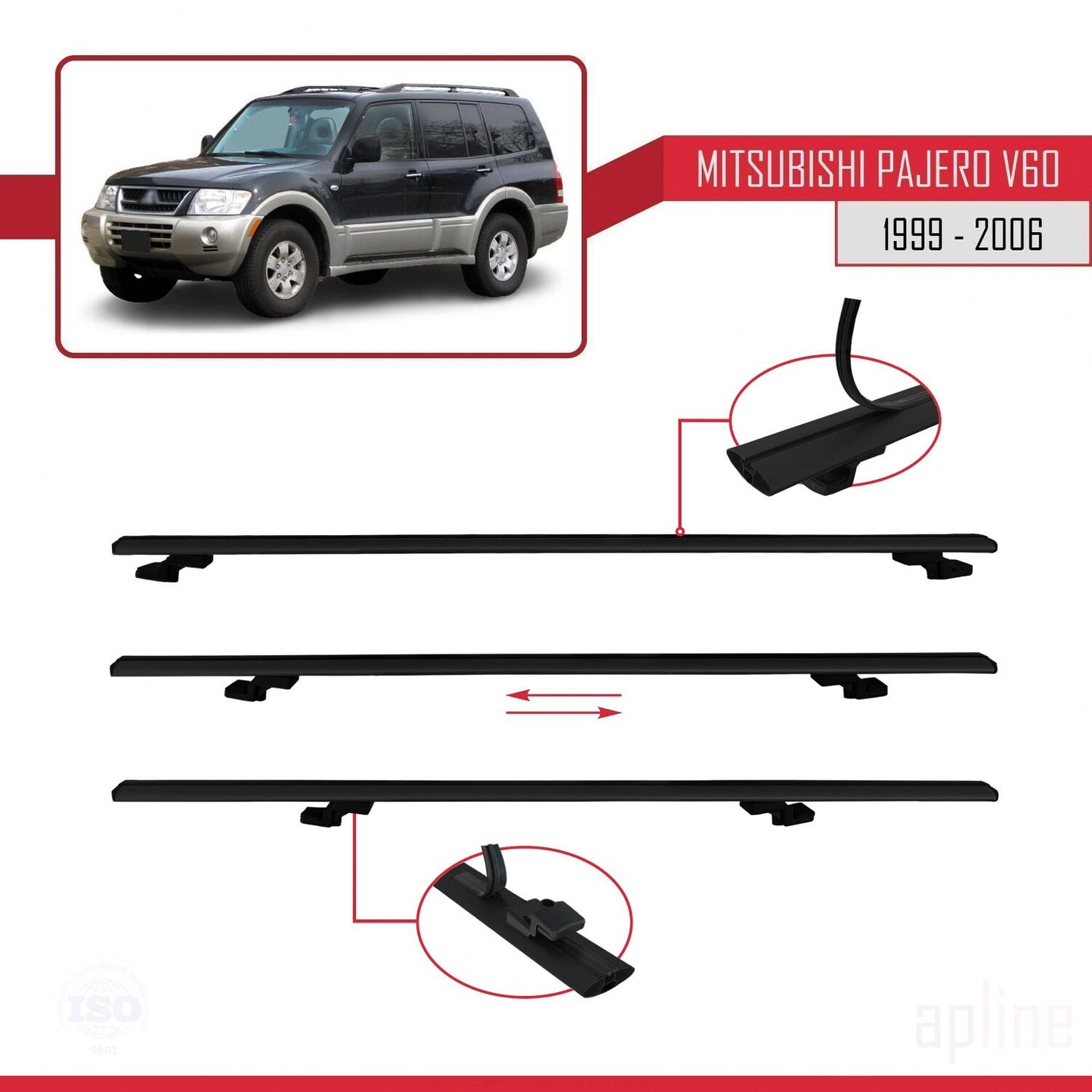 Compatible avec Mitsubishi Pajero (V60) 5 Kapı 1999-2006 BASIC Model Barres de Toit Railing Porte-Bagages de Voiture Noir Aluminium 3 Barres