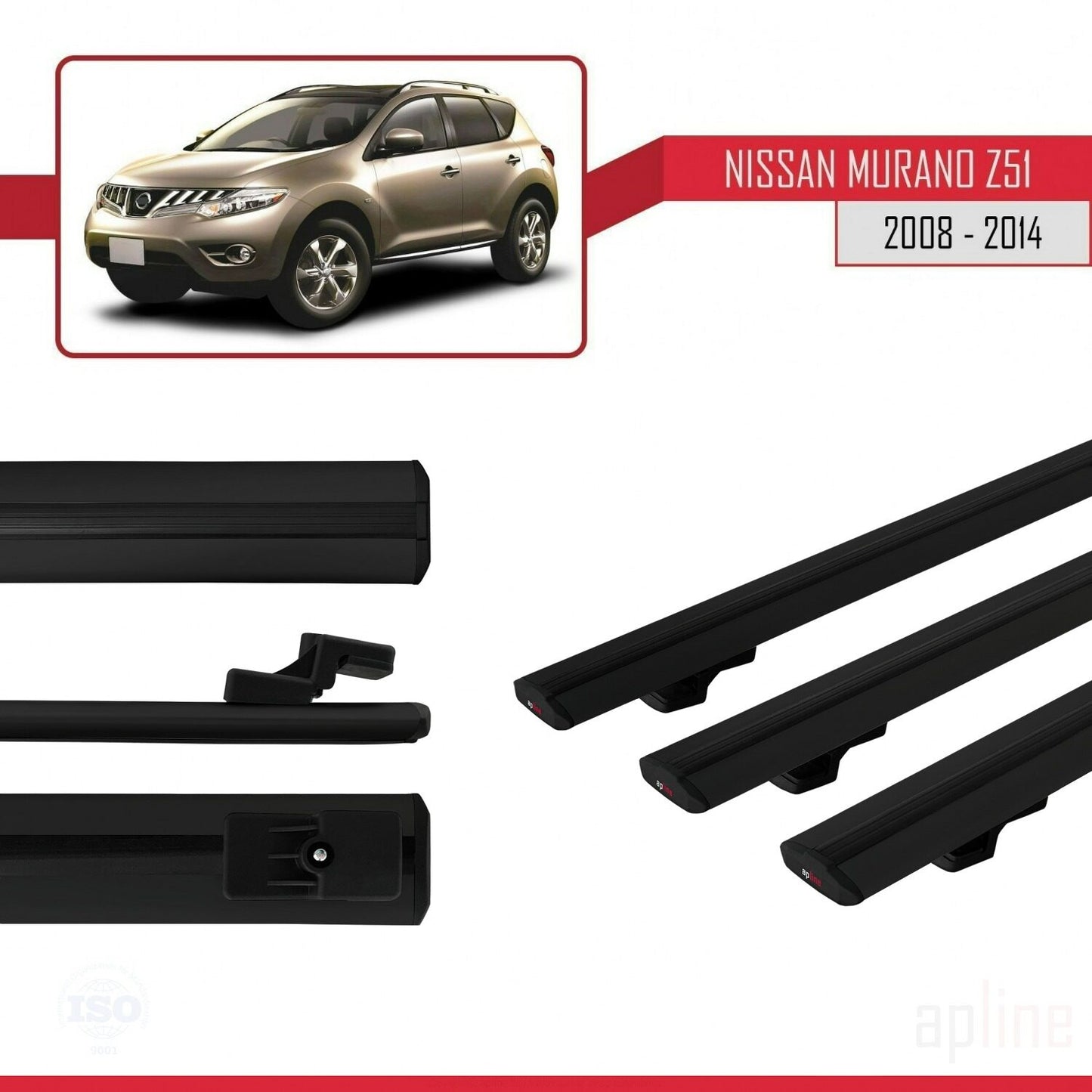 Compatible avec Nissan Murano 2 (Z51) 2008-2014 BASIC Model Barres de Toit Railing Porte-Bagages de Voiture Noir Aluminium 3 Barres