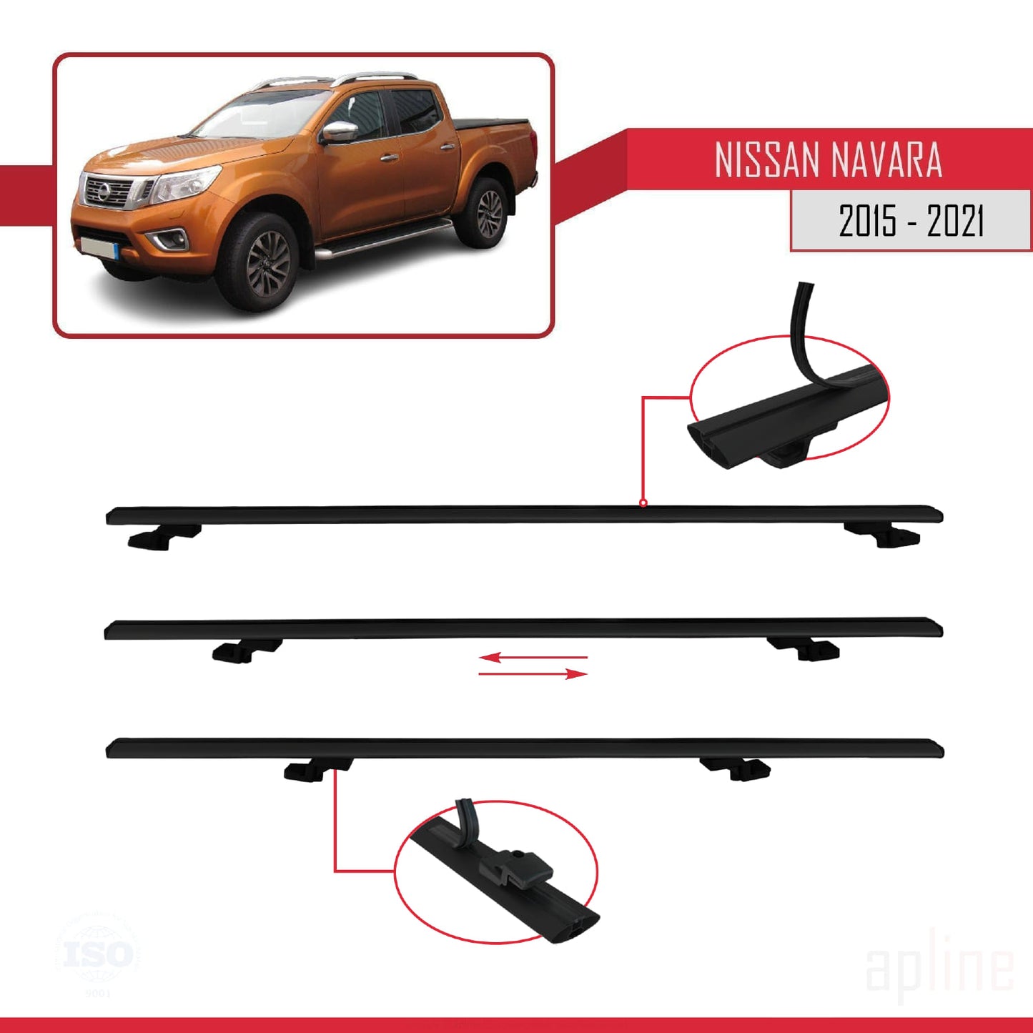 Compatible avec Nissan Navara 4 (D23) 2015-2021 BASIC Model Barres de Toit Railing Porte-Bagages de Voiture Noir Aluminium 3 Barres