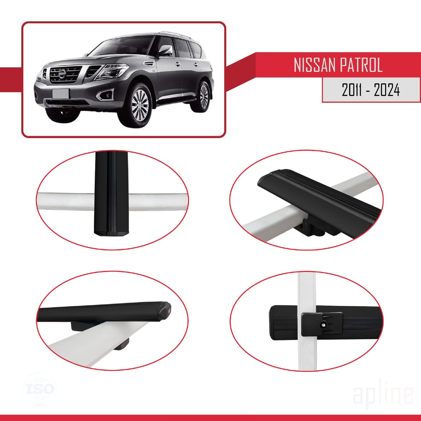 Compatible avec Nissan Patrol 6 (Y62) 2011-2024 BASIC Model Barres de Toit Railing Porte-Bagages de Voiture Noir Aluminium 2 Barres