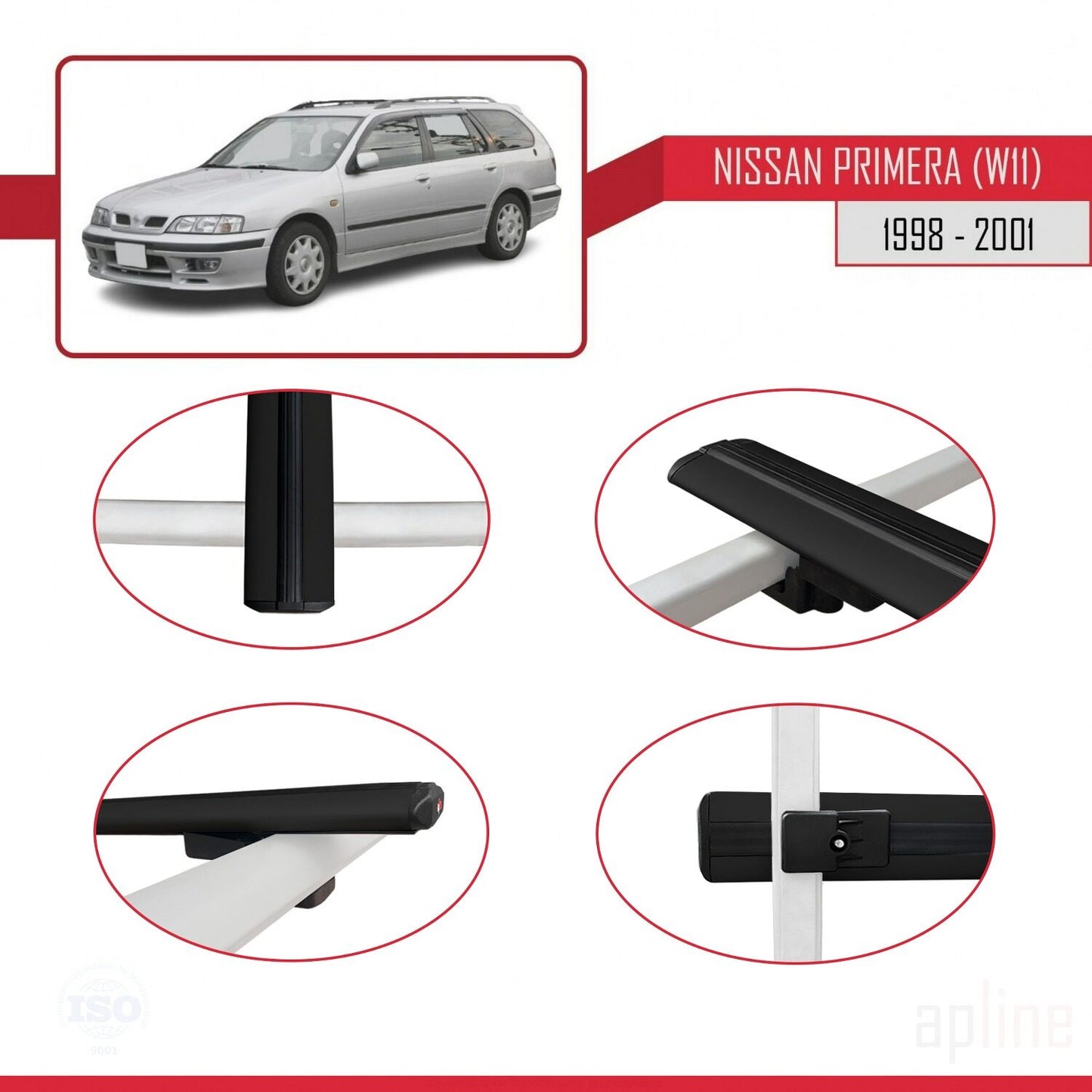 Compatible avec Nissan Primera 2 (W11) Traveller 1998-2001 BASIC Model Barres de Toit Railing Porte-Bagages de Voiture Noir Aluminium 3 Barres