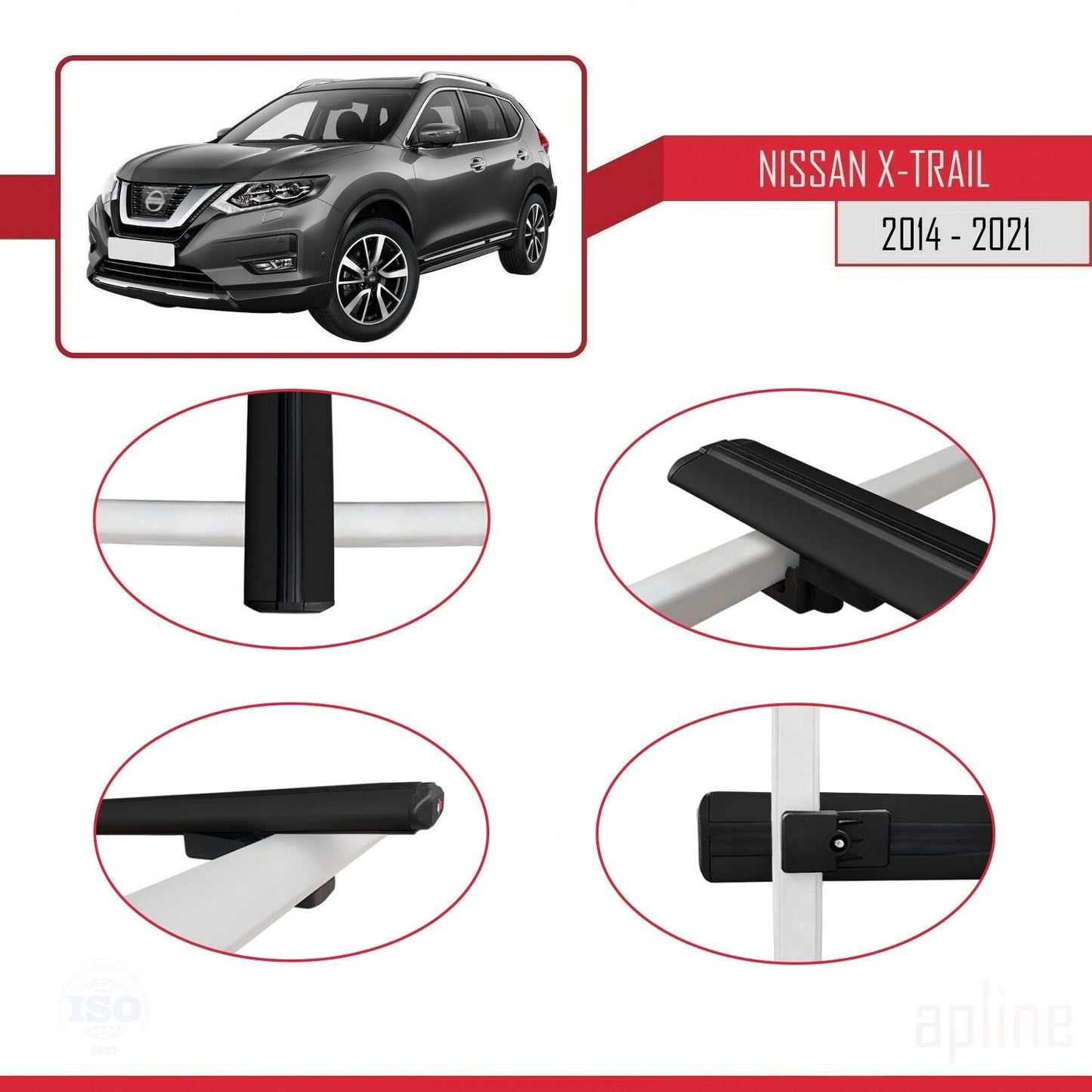 Compatible avec Nissan X-Trail 3 (T32) 2014-2021 BASIC Model Barres de Toit Railing Porte-Bagages de Voiture Noir Aluminium 2 Barres