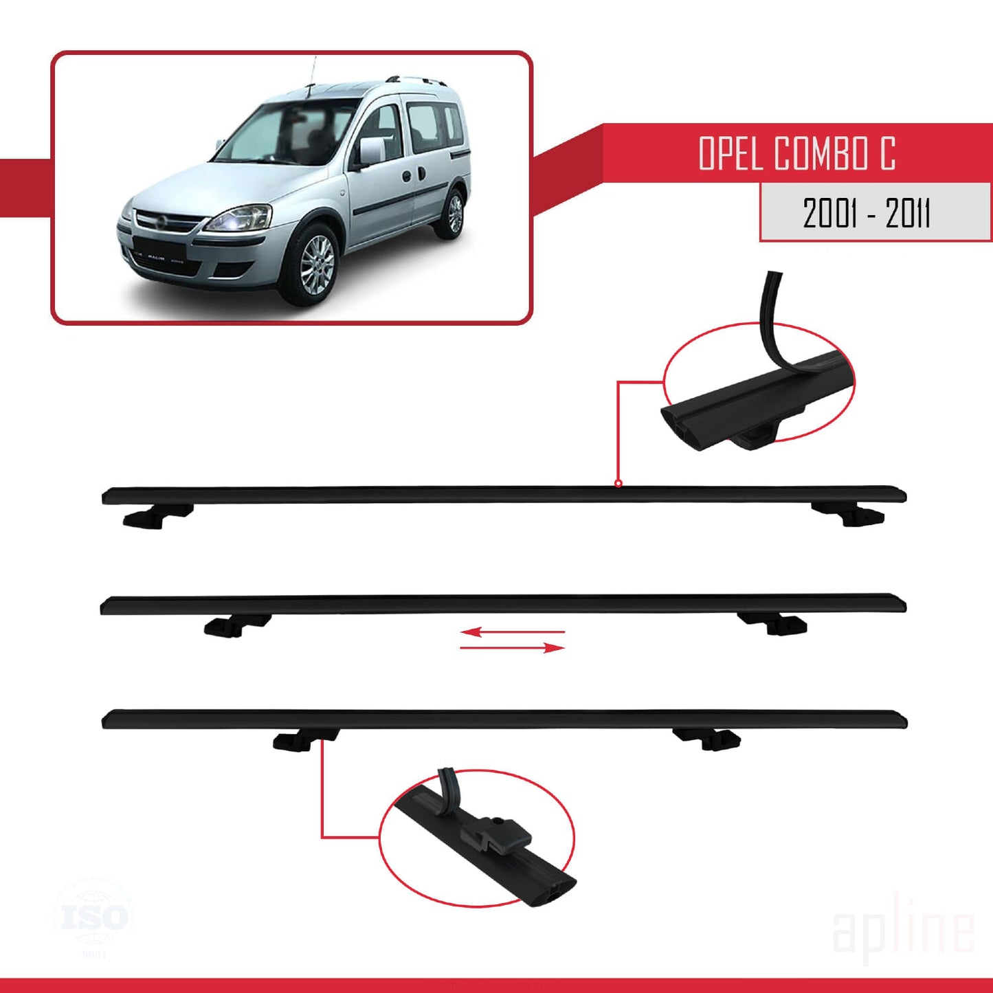 Compatible avec Opel Combo C 2001-2011 BASIC Model Barres de Toit Railing Porte-Bagages de Voiture Noir Aluminium 4 Barres