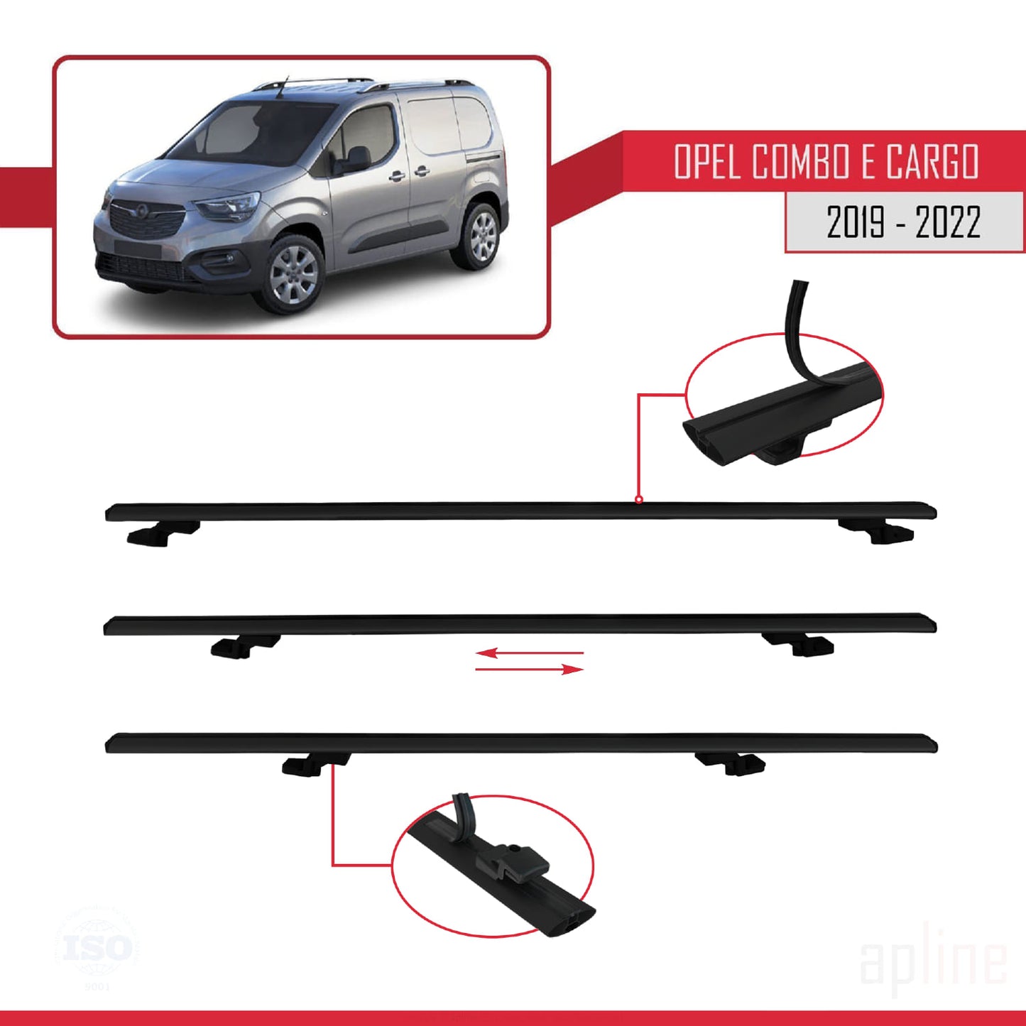 Compatible with Opel Combo E Cargo 2019-2022 BASIC Model Car Roof Rack Cross Bar Black Aluminium 3 Bars