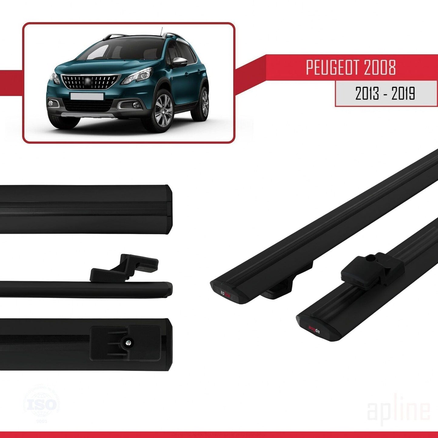 Compatible with Peugeot 2008 (A94) 2013-2019 BASIC Model Car Roof Rack Cross Bar Black Aluminium 2 Bars
