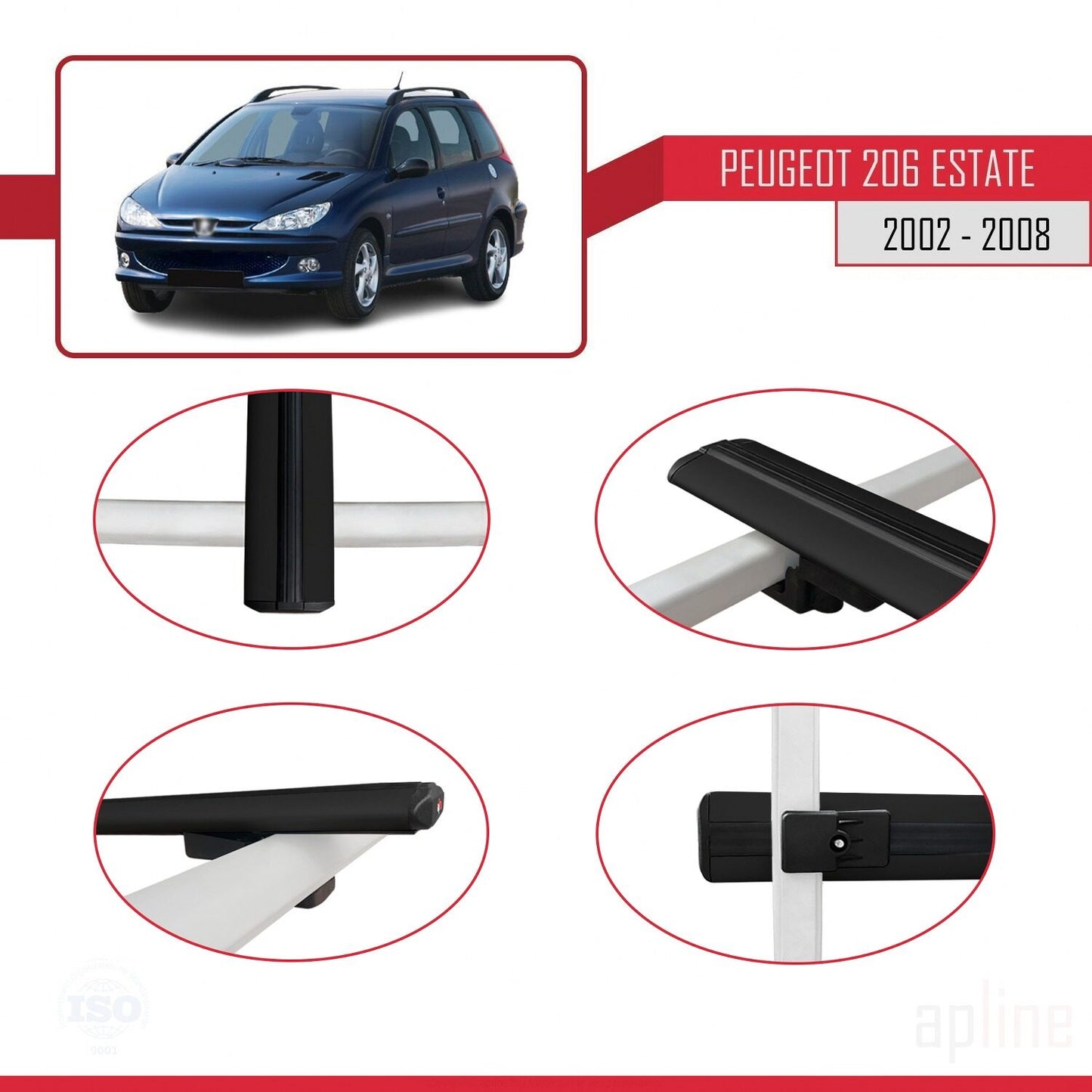 Compatible avec Peugeot 206 Break 2002-2008 BASIC Model Barres de Toit Railing Porte-Bagages de Voiture Noir Aluminium 2 Barres