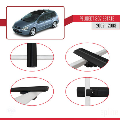 Compatible avec Peugeot 307 Break 2002-2008 BASIC Model Barres de Toit Railing Porte-Bagages de Voiture Noir Aluminium 2 Barres