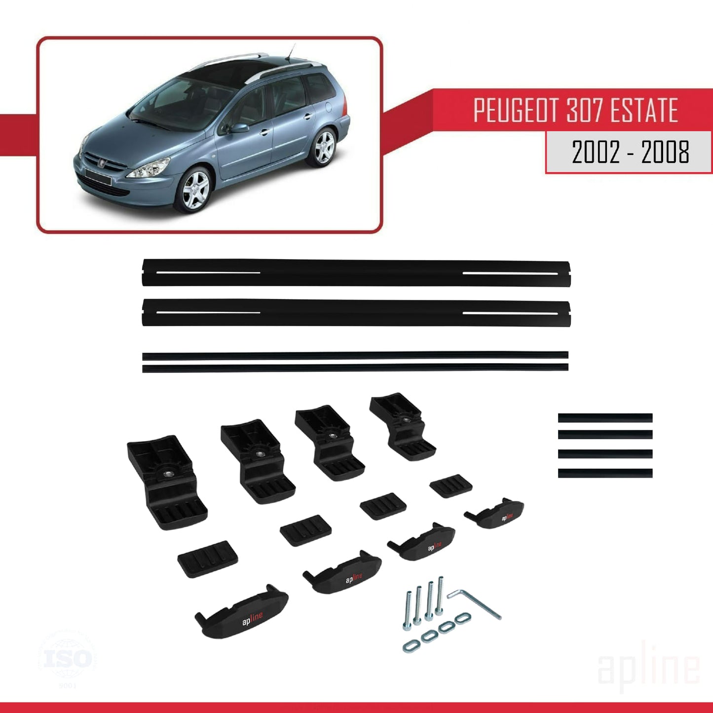 Compatible avec Peugeot 307 Break 2002-2008 BASIC Model Barres de Toit Railing Porte-Bagages de Voiture Noir Aluminium 2 Barres