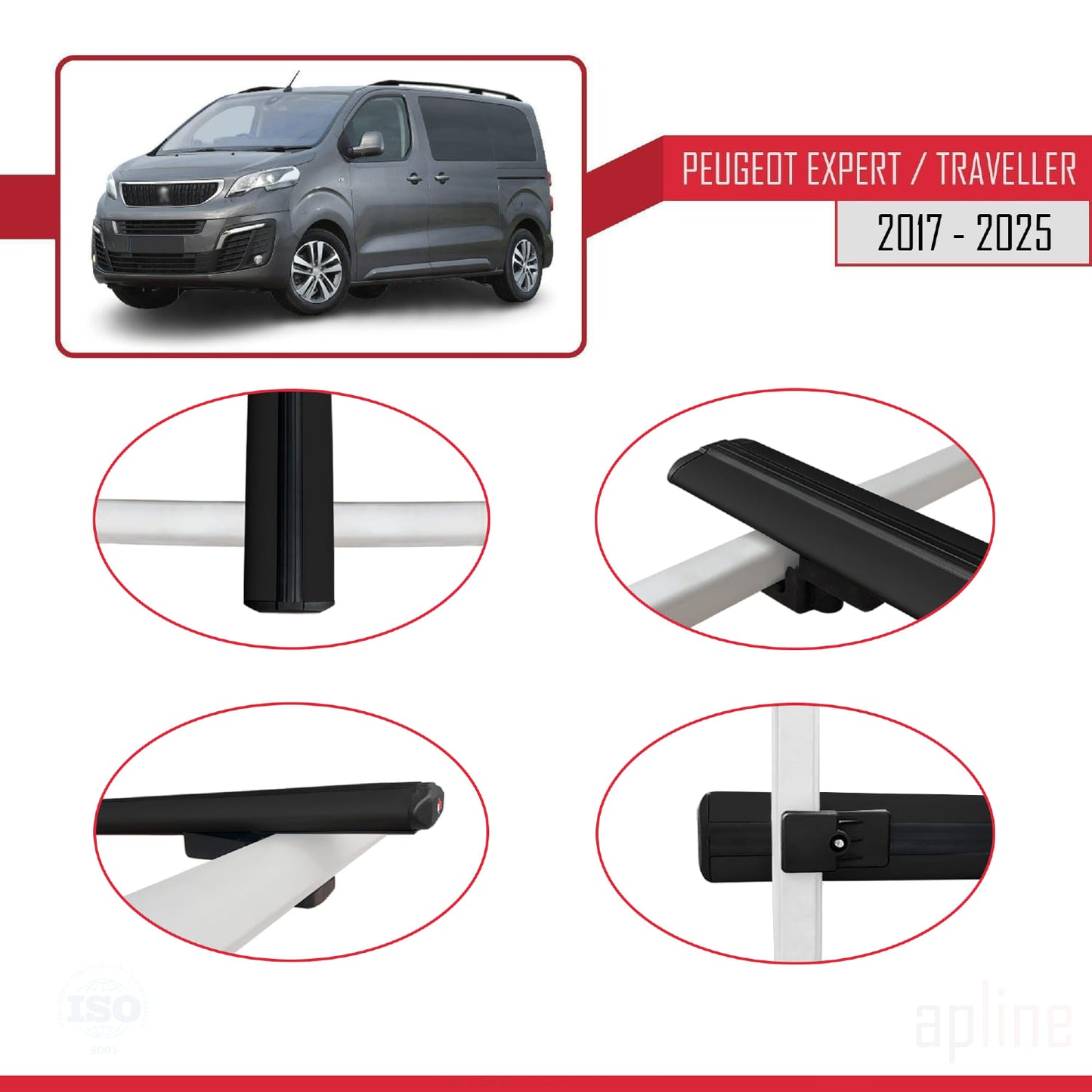 Compatible with Peugeot Expert 3 Traveller 2017-2025 BASIC Model Car Roof Rack Cross Bar Black Aluminium 4 Bars