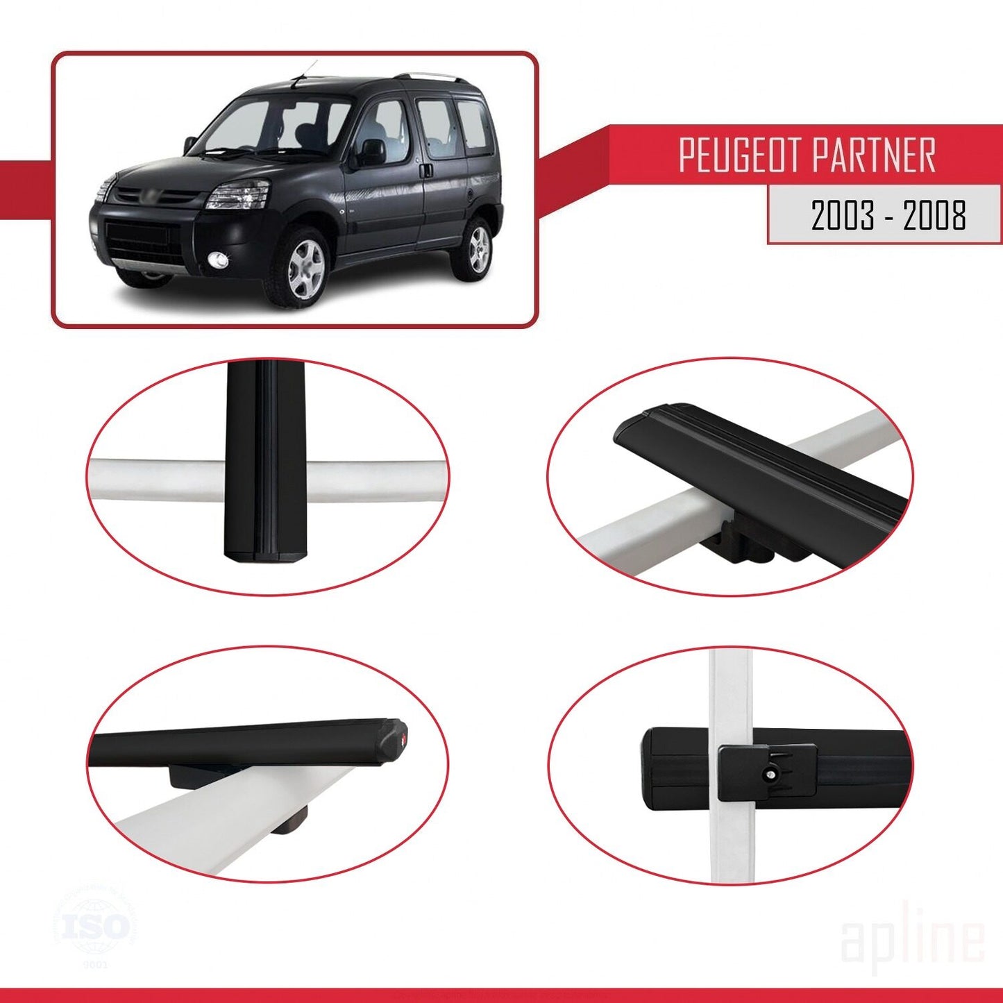 Compatible avec Peugeot Partner Post-Facelift 2003-2008 BASIC Model Barres de Toit Railing Porte-Bagages de Voiture Noir Aluminium 3 Barres