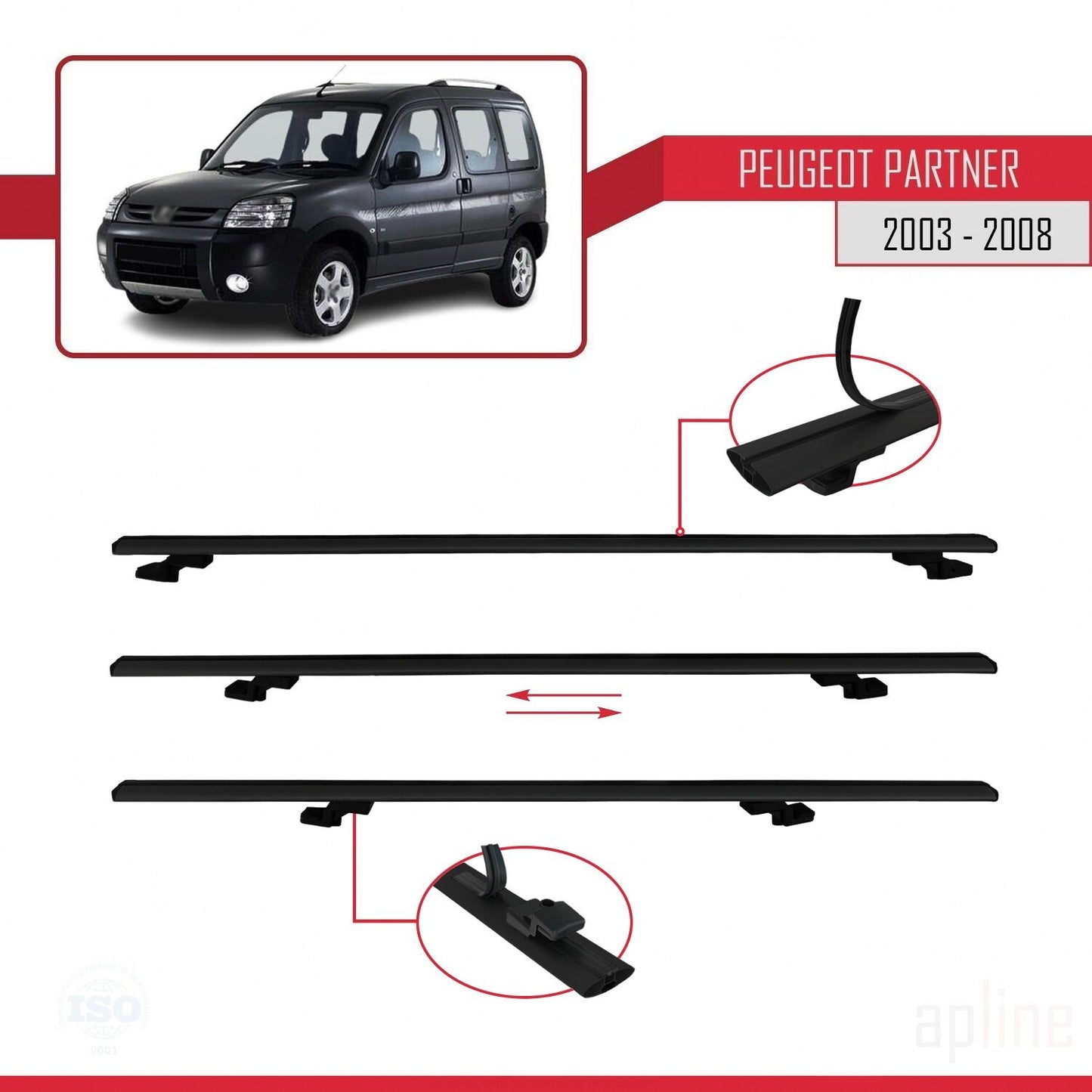 Compatible avec Peugeot Partner Post-Facelift 2003-2008 BASIC Model Barres de Toit Railing Porte-Bagages de Voiture Noir Aluminium 3 Barres
