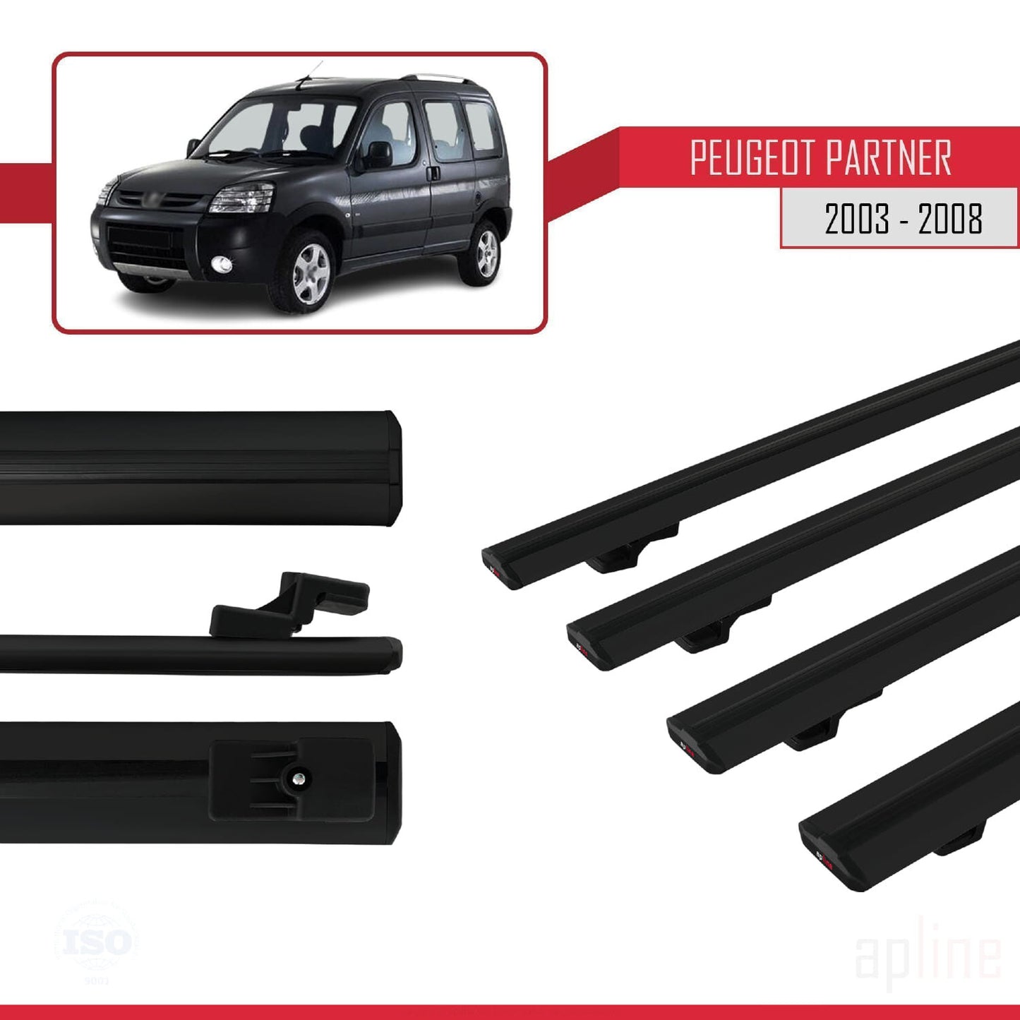 Compatible avec Peugeot Partner Post-Facelift 2003-2008 BASIC Model Barres de Toit Railing Porte-Bagages de Voiture Noir Aluminium 4 Barres