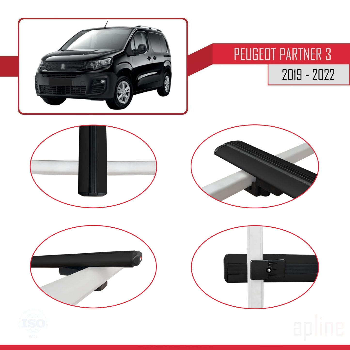 Compatible avec Peugeot Partner 3 2019-2022 BASIC Model Barres de Toit Railing Porte-Bagages de Voiture Noir Aluminium 2 Barres