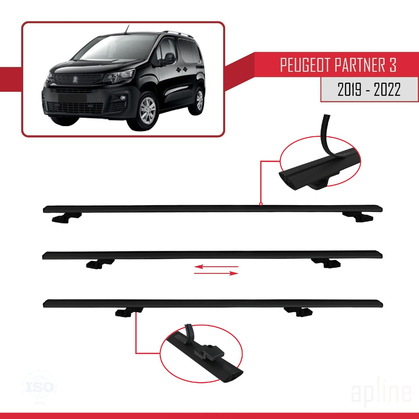 Compatible avec Peugeot Partner 3 2019-2022 BASIC Model Barres de Toit Railing Porte-Bagages de Voiture Noir Aluminium 2 Barres