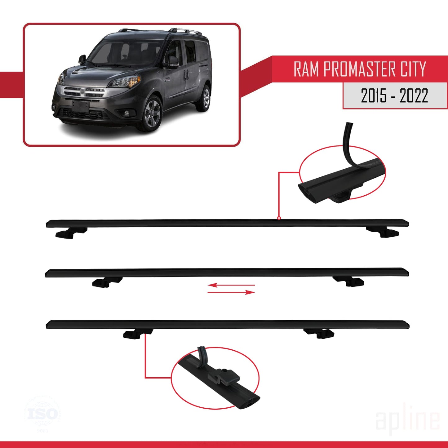 Compatible avec Ram Promaster City (636) 2015-2022 BASIC Model Barres de Toit Railing Porte-Bagages de Voiture Noir Aluminium 3 Barres