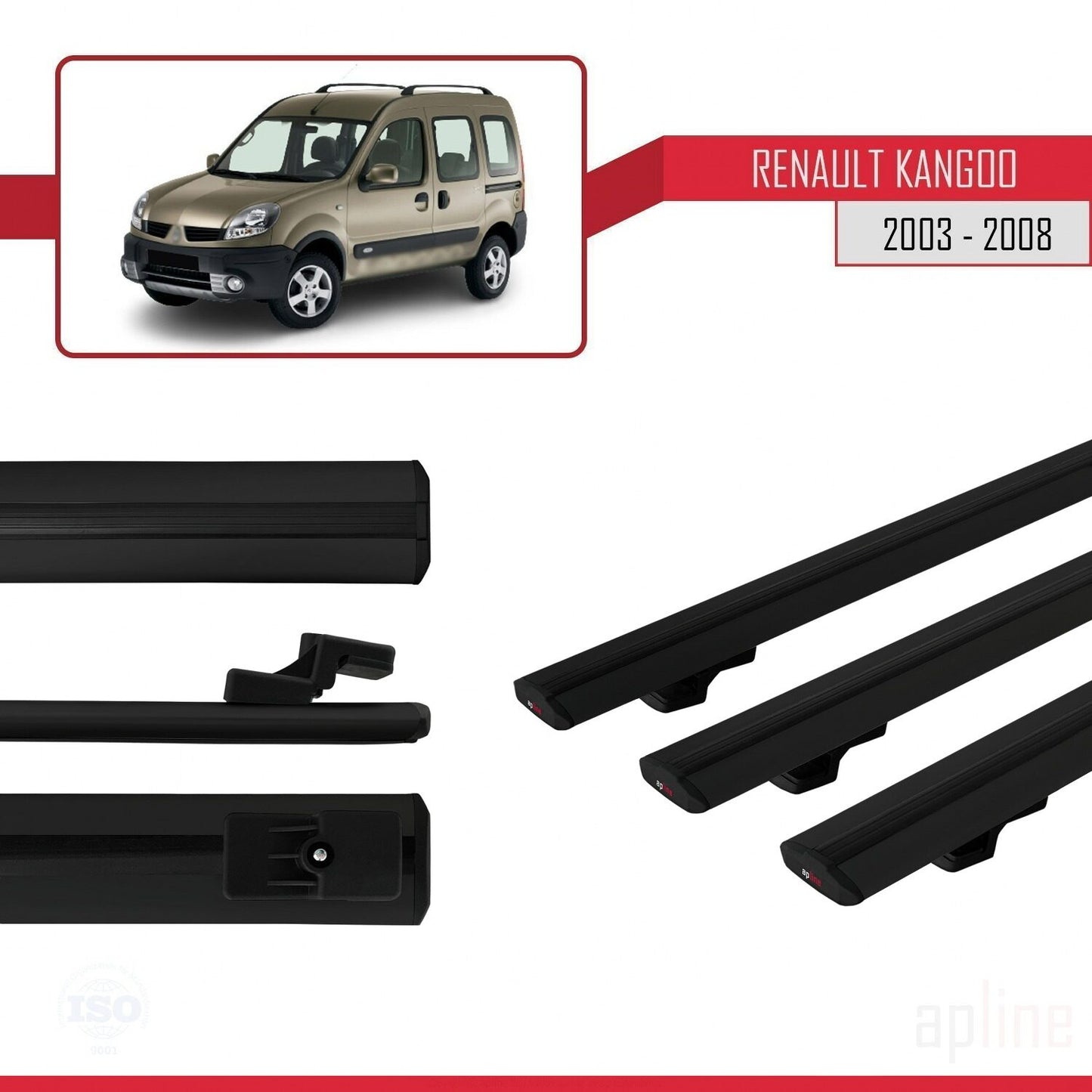 Compatible avec Renault Kangoo (X76) Post-Facelift 2003-2008 BASIC Model Barres de Toit Railing Porte-Bagages de Voiture Noir Aluminium 3 Barres