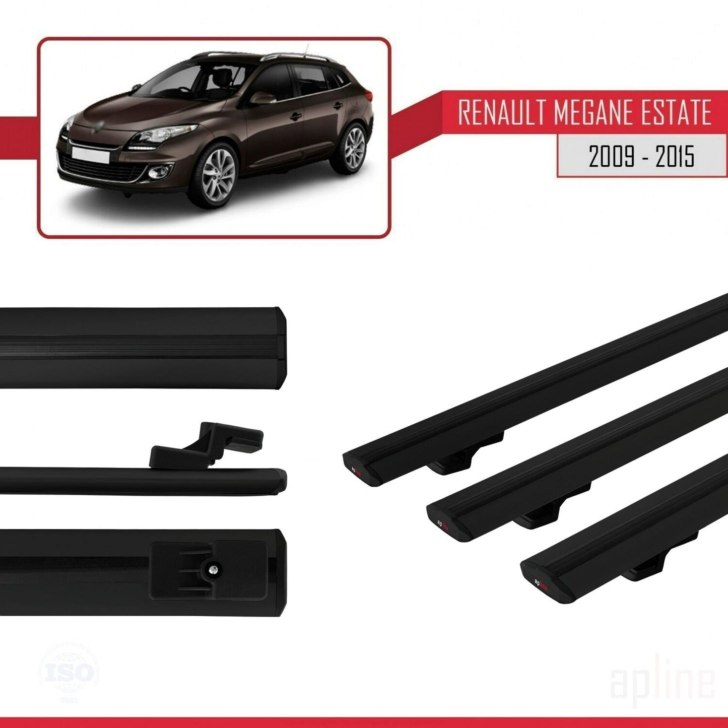 Compatible avec Renault Megane 3 ST 2009-2015 BASIC Model Barres de Toit Railing Porte-Bagages de Voiture Noir Aluminium 3 Barres