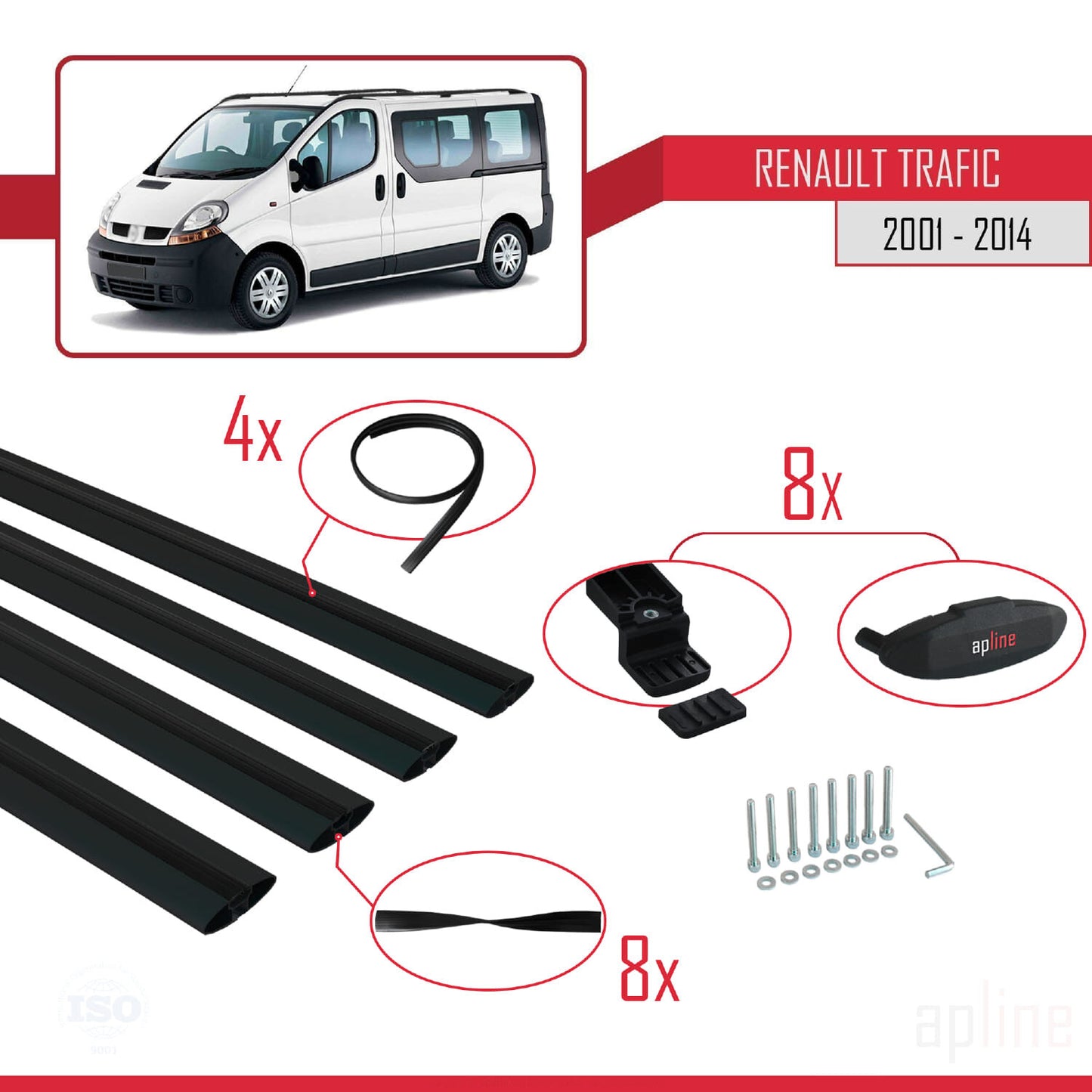 Compatible avec Renault Trafic 2 (X83) 2001-2014 BASIC Model Barres de Toit Railing Porte-Bagages de Voiture Noir Aluminium 4 Barres