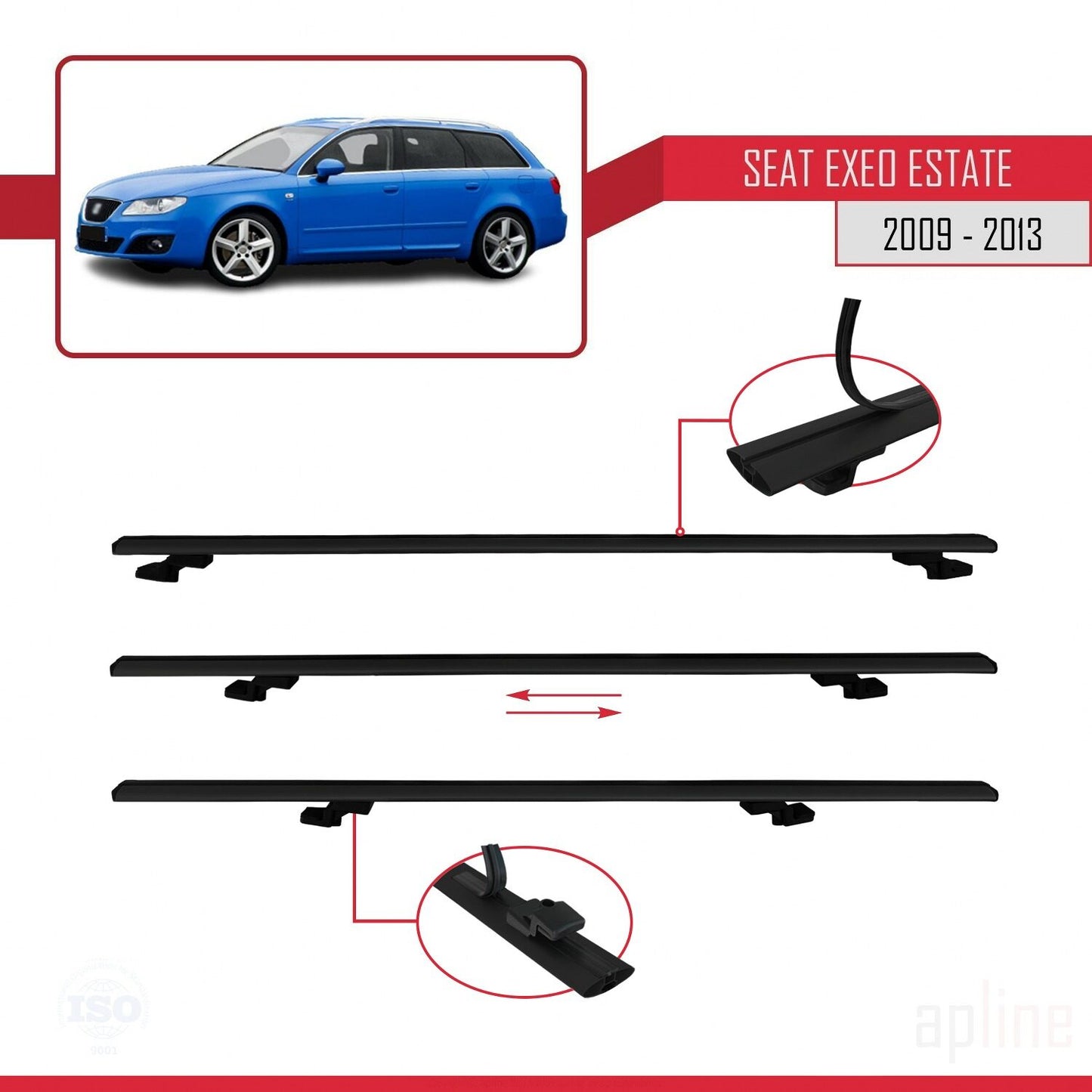 Compatible with Seat Exeo (3R9) ST 2009-2013 BASIC Model Car Roof Rack Cross Bar Black Aluminium 2 Bars
