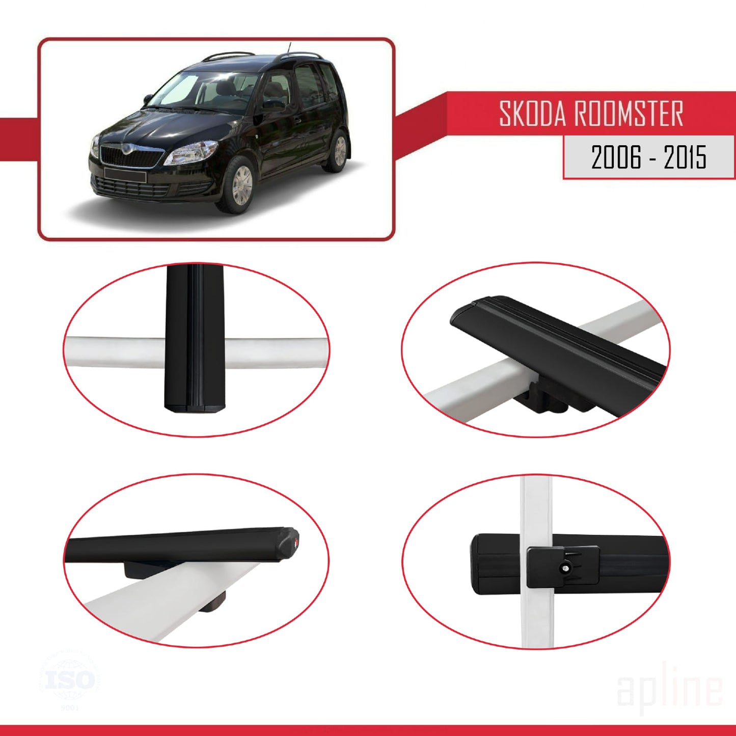 Compatible with Skoda Roomster 2006-2015 BASIC Model Car Roof Rack Cross Bar Black Aluminium 2 Bars