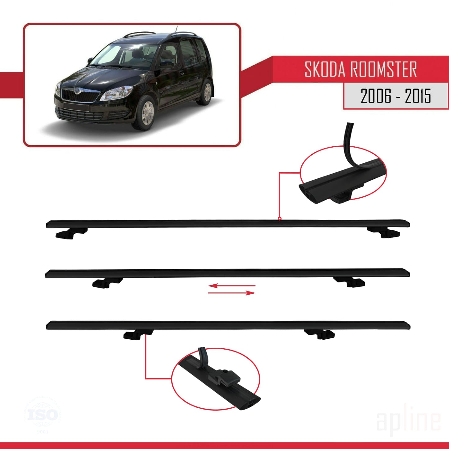 Compatible with Skoda Roomster 2006-2015 BASIC Model Car Roof Rack Cross Bar Black Aluminium 2 Bars