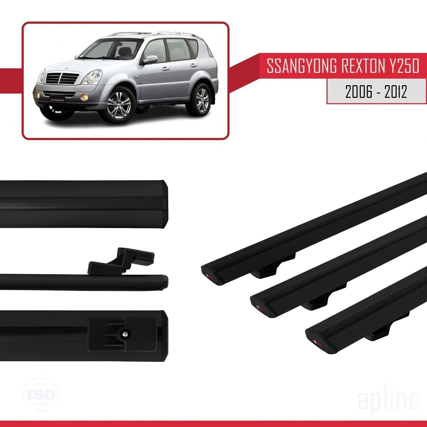 Compatible with Ssangyong Rexton (Y250) 2006-2012 BASIC Model Car Roof Rack Cross Bar Black Aluminium 3 Bars