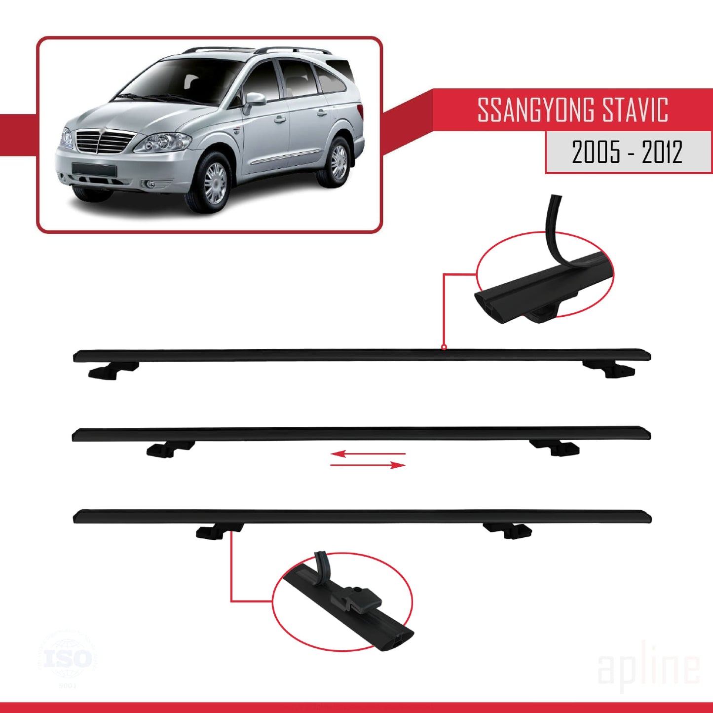 Compatible avec Ssangyong Stavic 2005-2012 BASIC Model Barres de Toit Railing Porte-Bagages de Voiture Noir Aluminium 3 Barres