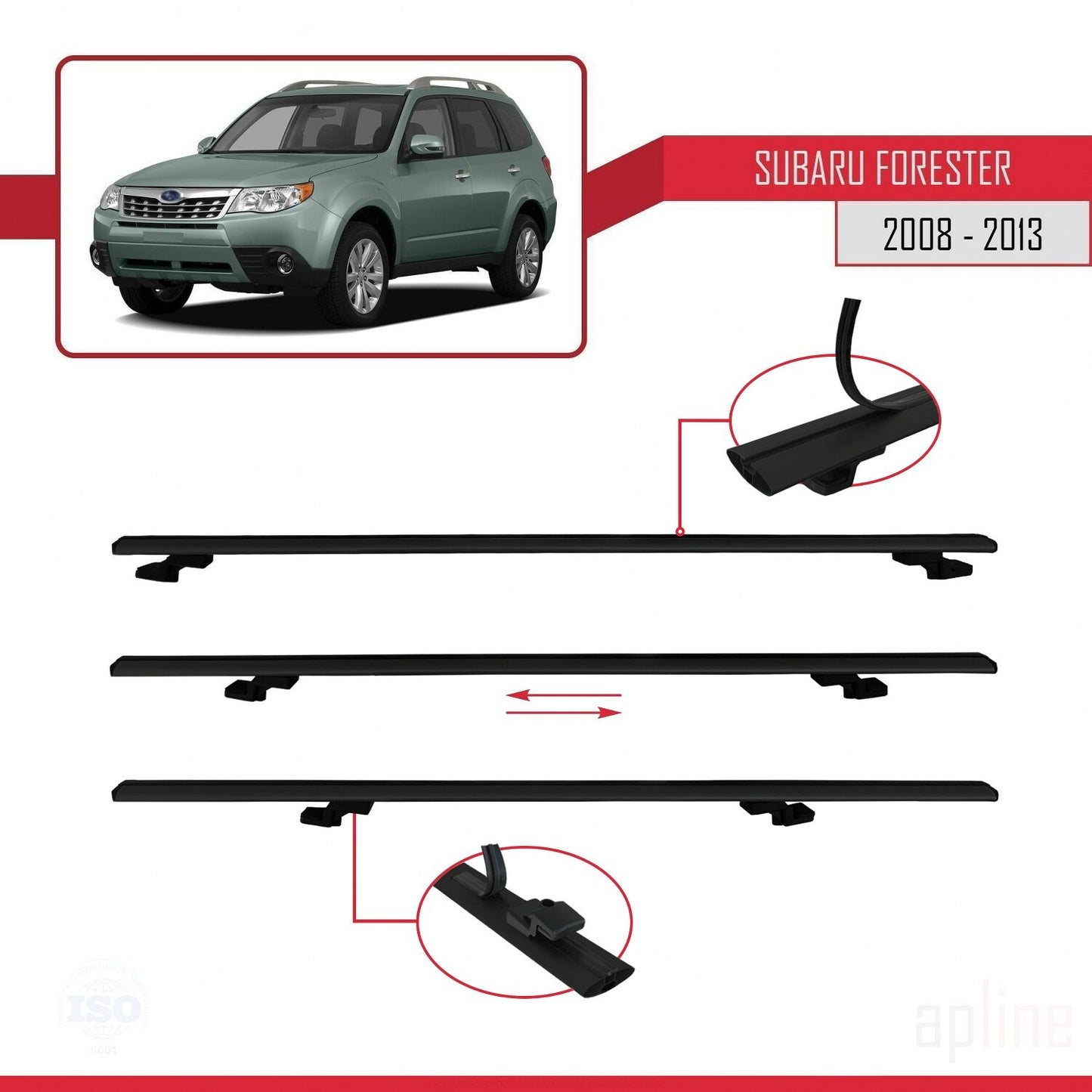 Compatible with Subaru Forester 3 (SH) 2008-2013 BASIC Model Car Roof Rack Cross Bar Black Aluminium 2 Bars