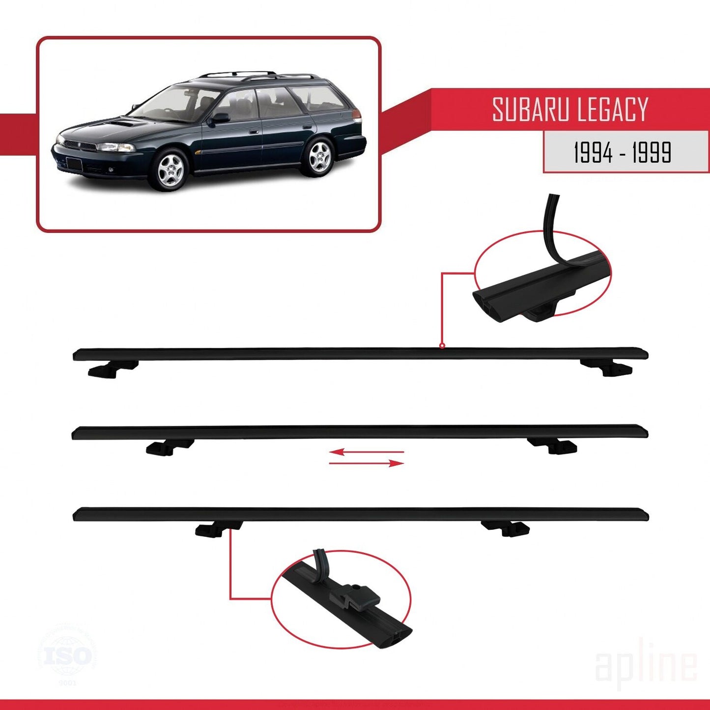 Compatible avec Subaru Legacy 2 (BD) 1994-1999 BASIC Model Barres de Toit Railing Porte-Bagages de Voiture Noir Aluminium 2 Barres