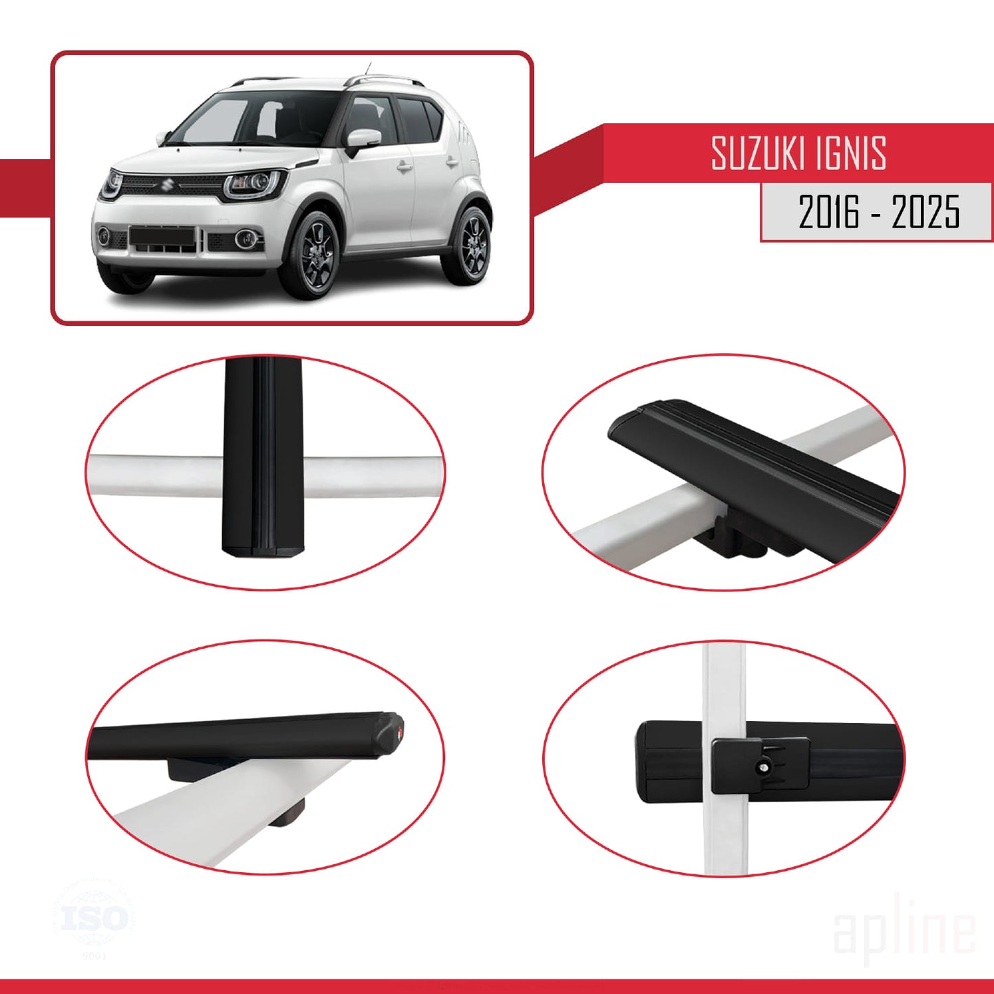 Compatible avec Suzuki Ignıs 2016-2025 BASIC Model Barres de Toit Railing Porte-Bagages de Voiture Noir Aluminium 3 Barres