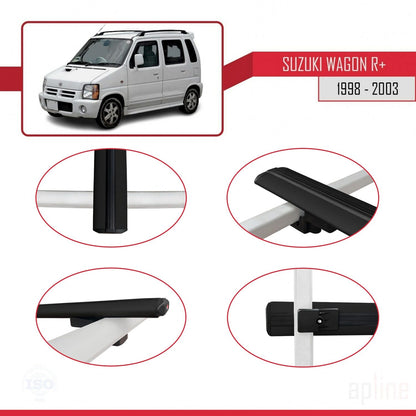 Compatible avec Suzuki Wagon R+ 1998-2003 BASIC Model Barres de Toit Railing Porte-Bagages de Voiture Noir Aluminium 2 Barres