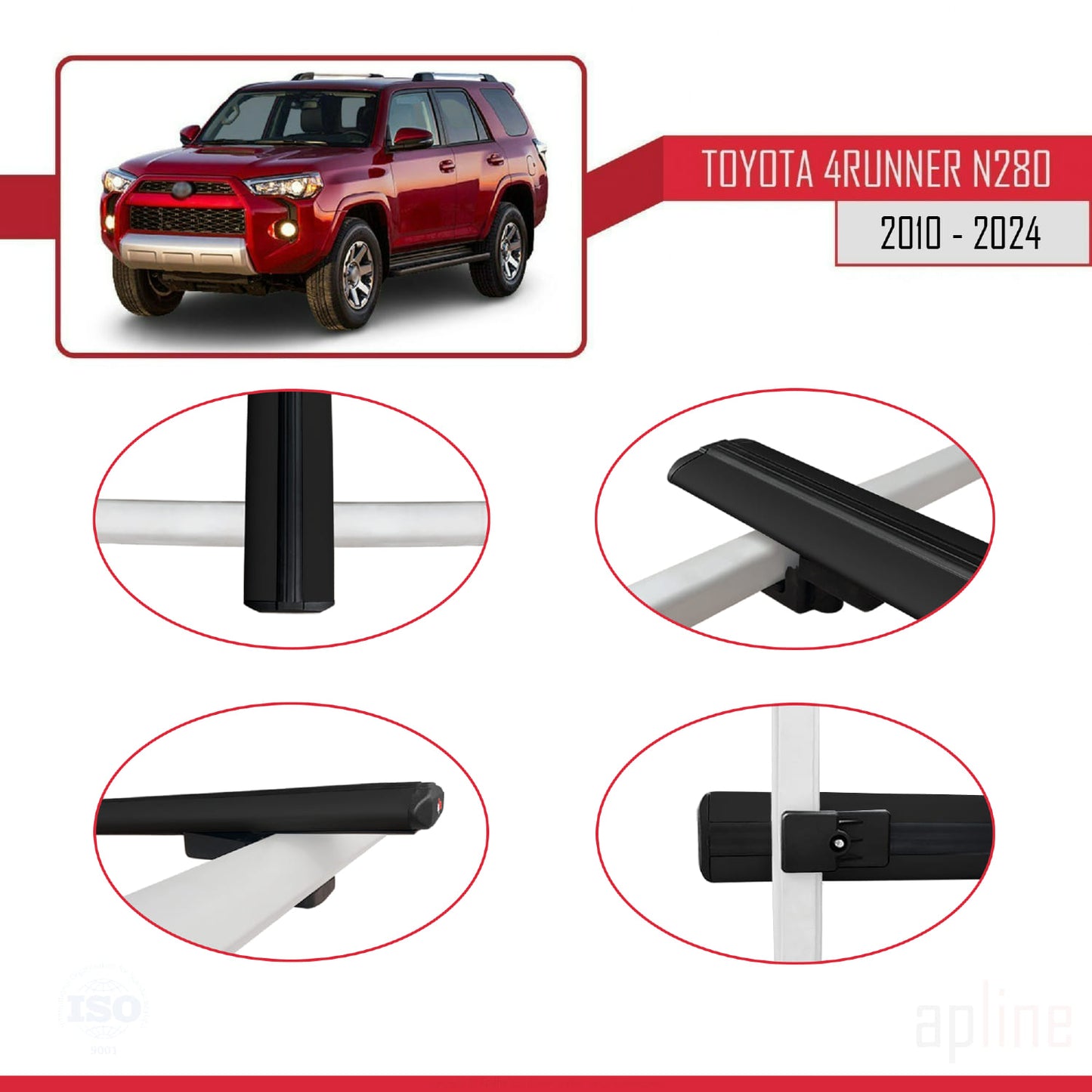 Compatible avec Toyota 4Runner (N280) 2010-2024 BASIC Model Barres de Toit Railing Porte-Bagages de Voiture Noir Aluminium 3 Barres