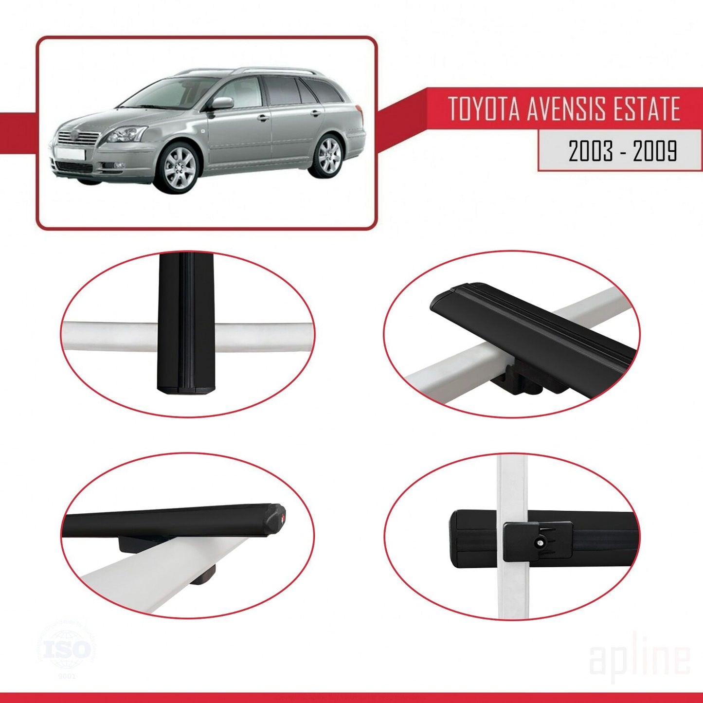 Compatible avec Toyota Avensis Break 2003-2009 BASIC Model Barres de Toit Railing Porte-Bagages de Voiture Noir Aluminium 3 Barres