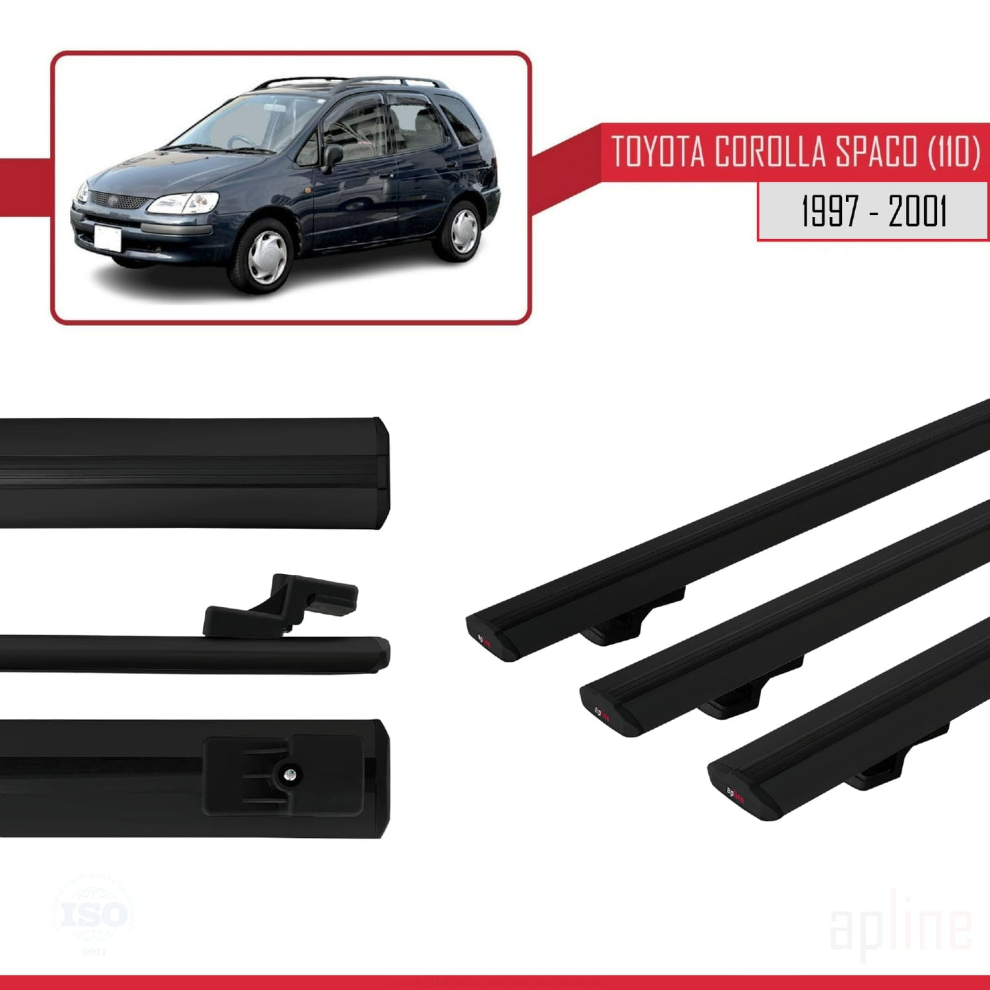 Compatible avec Toyota Corolla Spacio (E110) 1997-2001 BASIC Model Barres de Toit Railing Porte-Bagages de Voiture Noir Aluminium 3 Barres