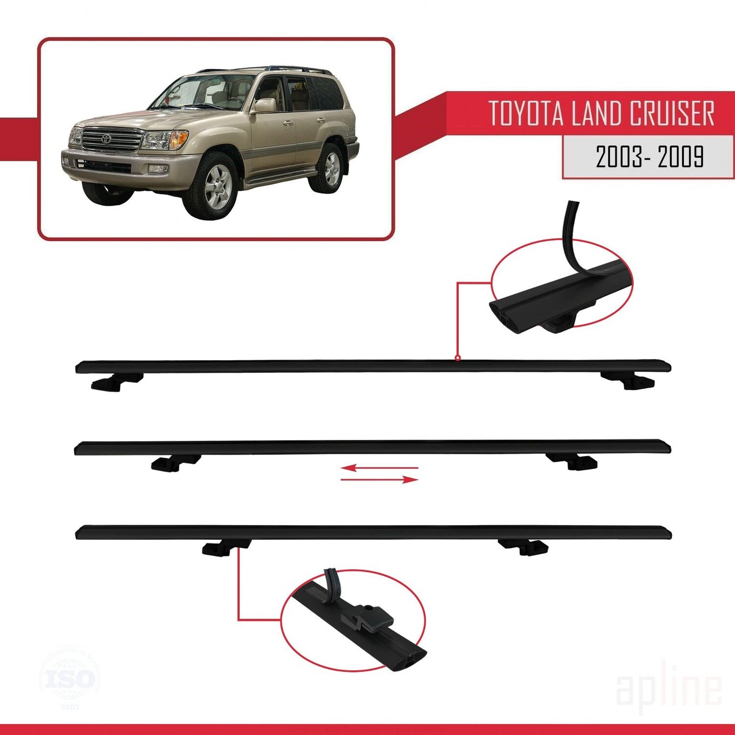 Compatible avec Toyota Land Cruiser (J100) 2003-2007 BASIC Model Barres de Toit Railing Porte-Bagages de Voiture Noir Aluminium 2 Barres
