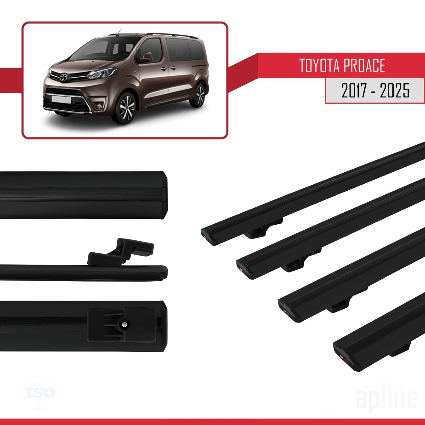 Compatible avec Toyota Proace 2017-2025 BASIC Model Barres de Toit Railing Porte-Bagages de Voiture Noir Aluminium 4 Barres