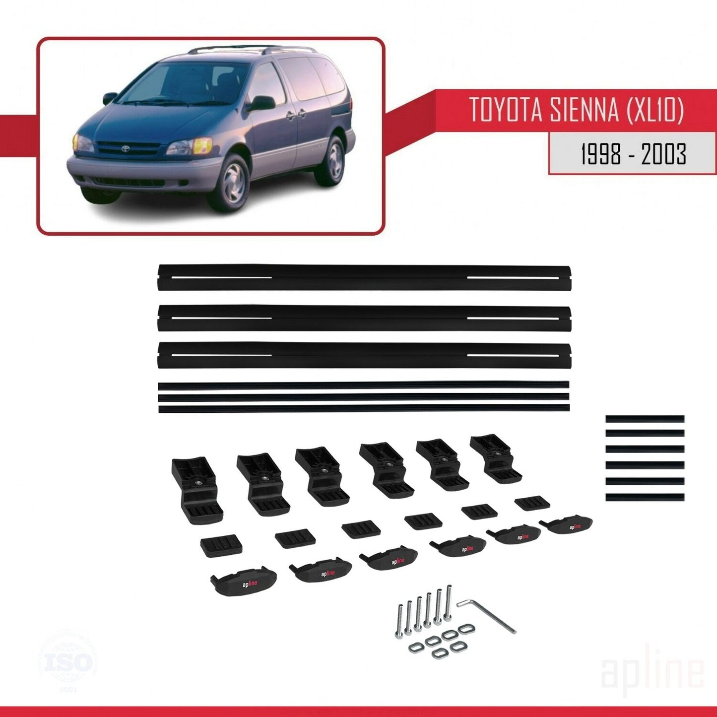 Compatible avec Toyota Sienna (XL10) 1998-2003 BASIC Model Barres de Toit Railing Porte-Bagages de Voiture Noir Aluminium 3 Barres